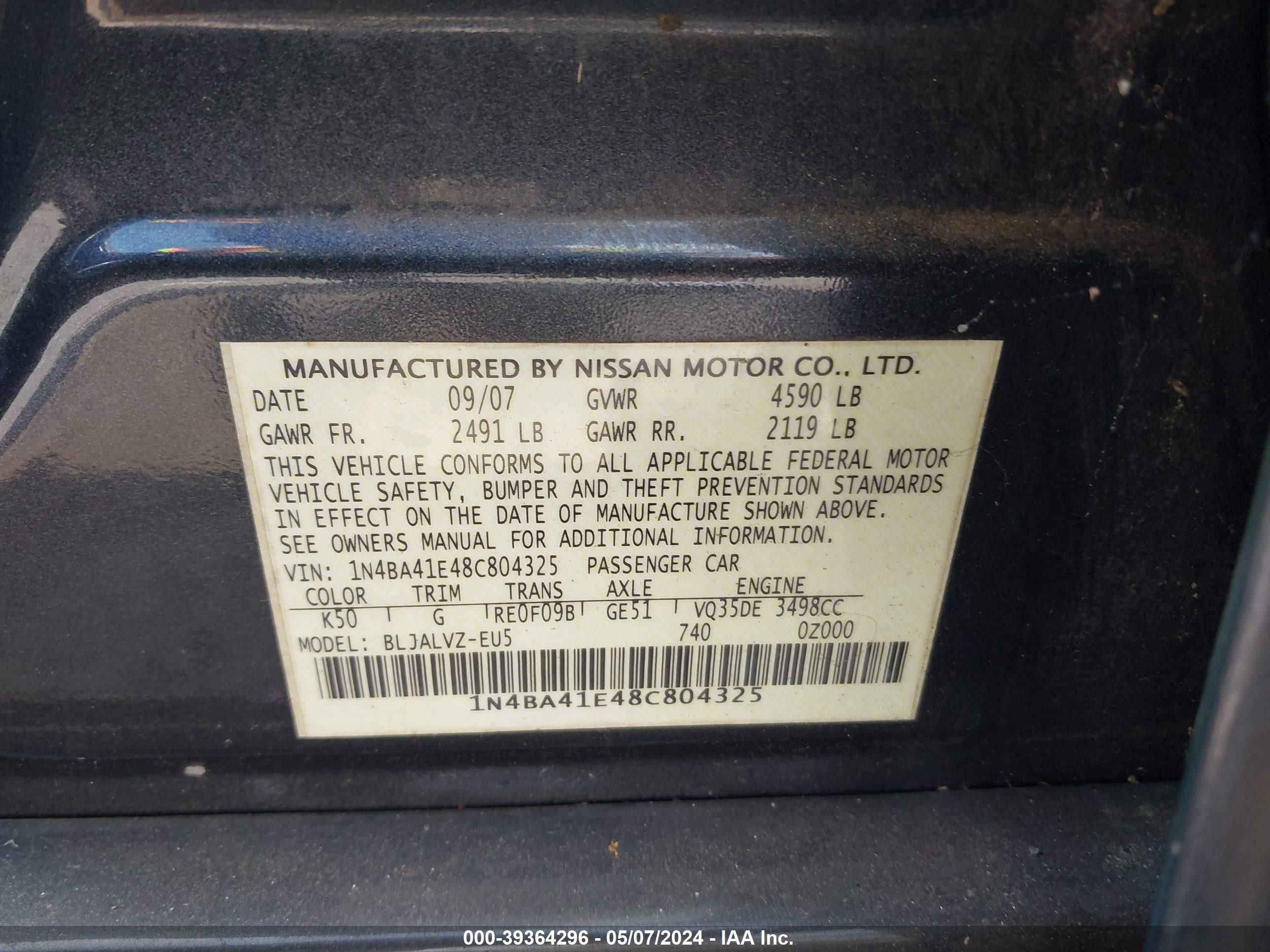 Photo 8 VIN: 1N4BA41E48C804325 - NISSAN MAXIMA 