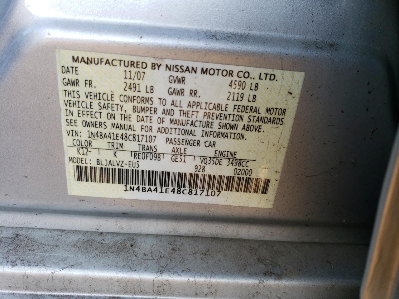 Photo 11 VIN: 1N4BA41E48C817107 - NISSAN MAXIMA 