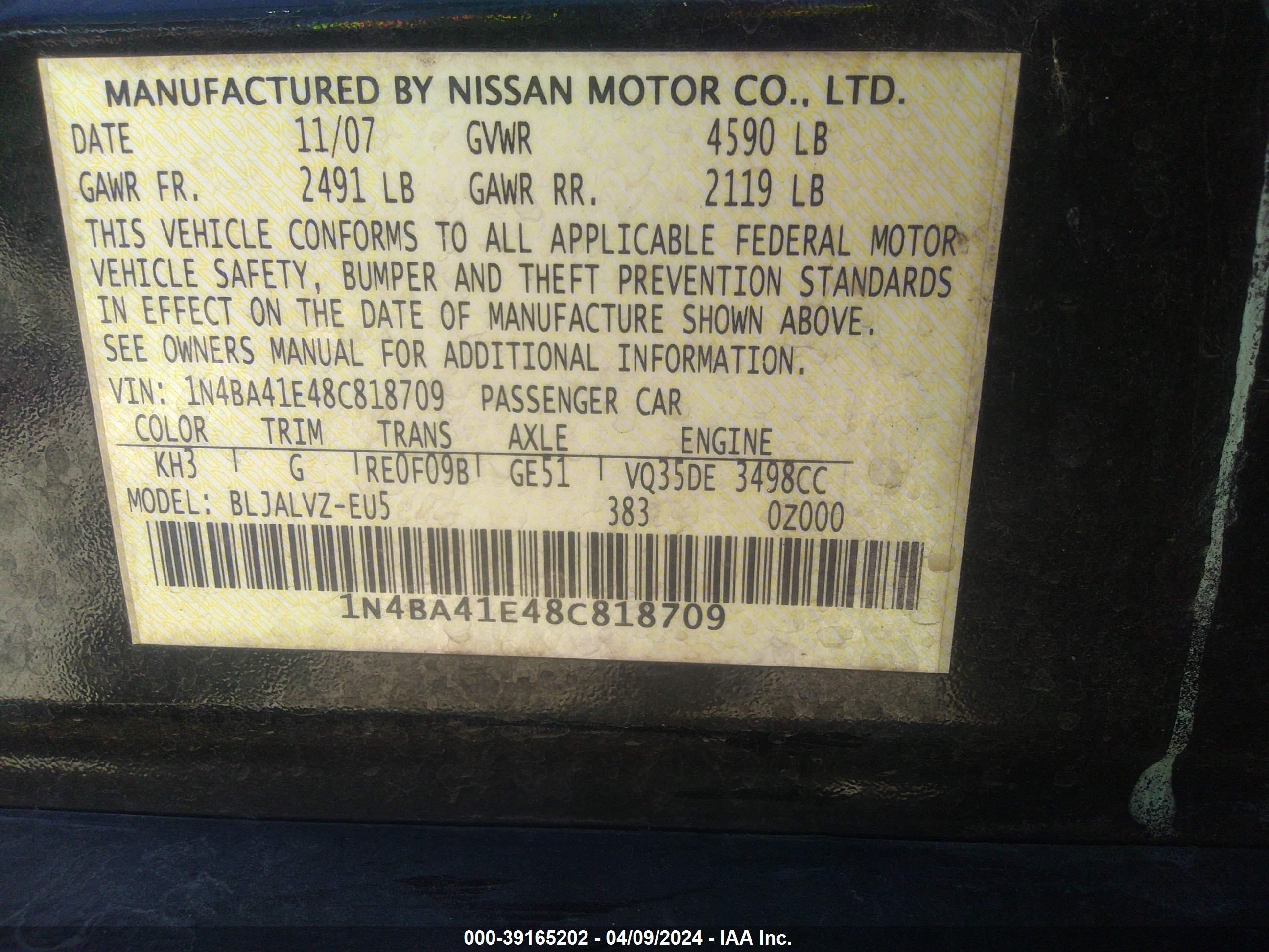 Photo 8 VIN: 1N4BA41E48C818709 - NISSAN MAXIMA 