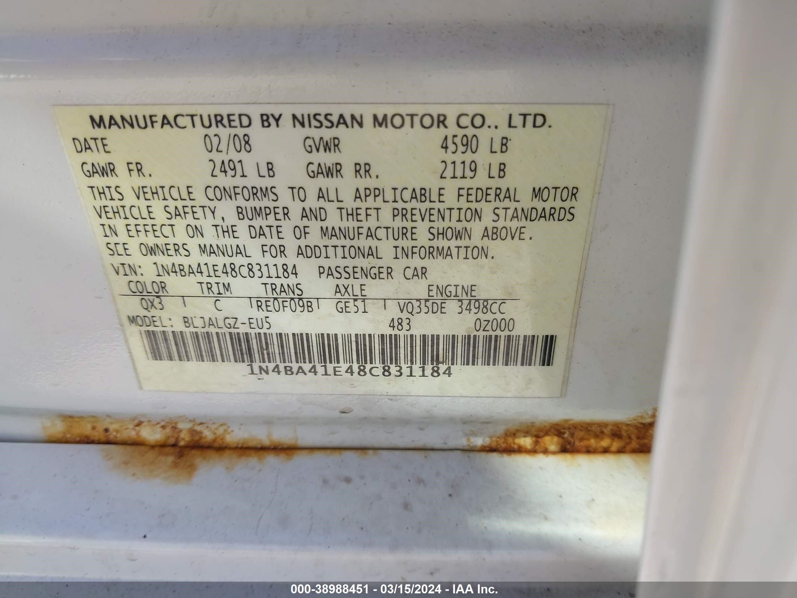 Photo 8 VIN: 1N4BA41E48C831184 - NISSAN MAXIMA 