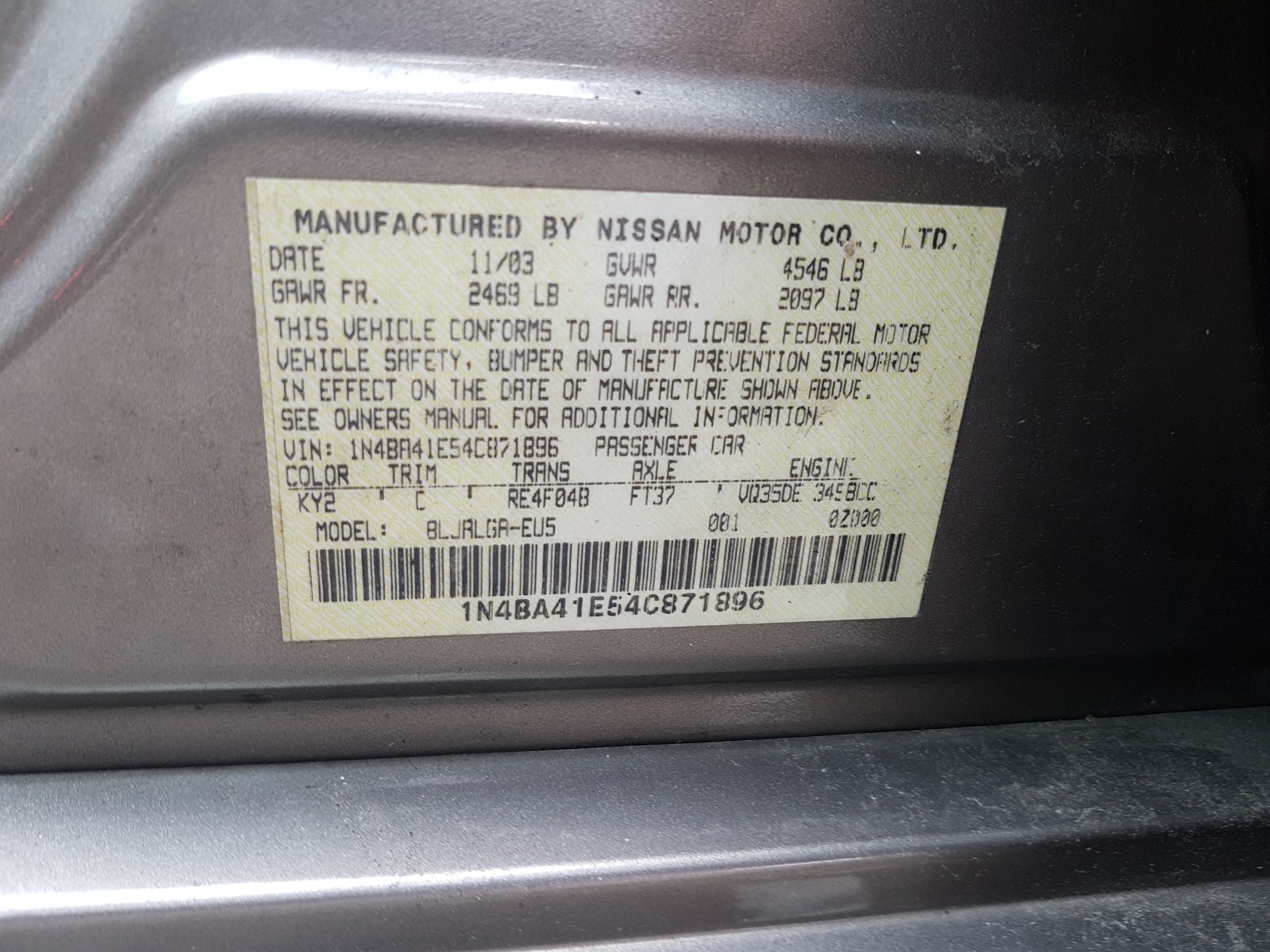 Photo 9 VIN: 1N4BA41E54C871896 - NISSAN MAXIMA SE 