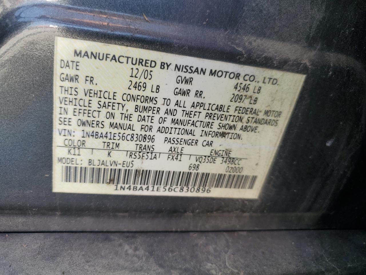 Photo 11 VIN: 1N4BA41E56C830896 - NISSAN MAXIMA 