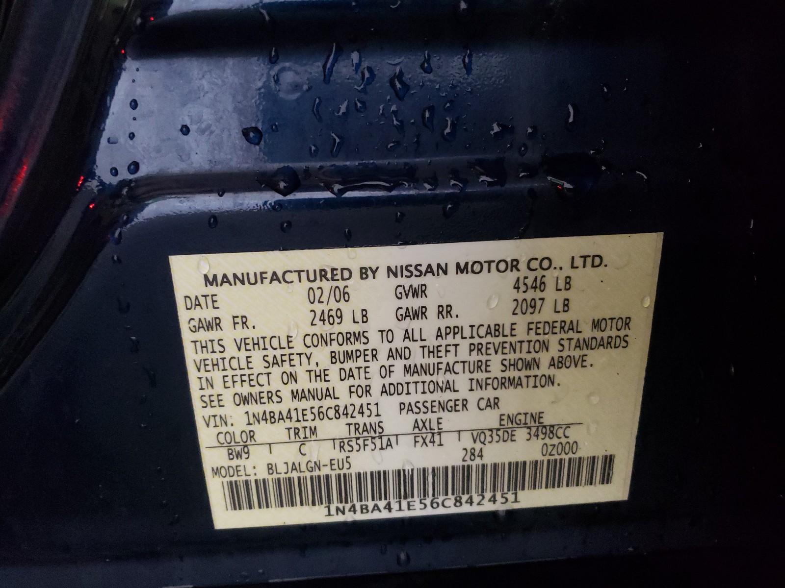 Photo 9 VIN: 1N4BA41E56C842451 - NISSAN MAXIMA SE 