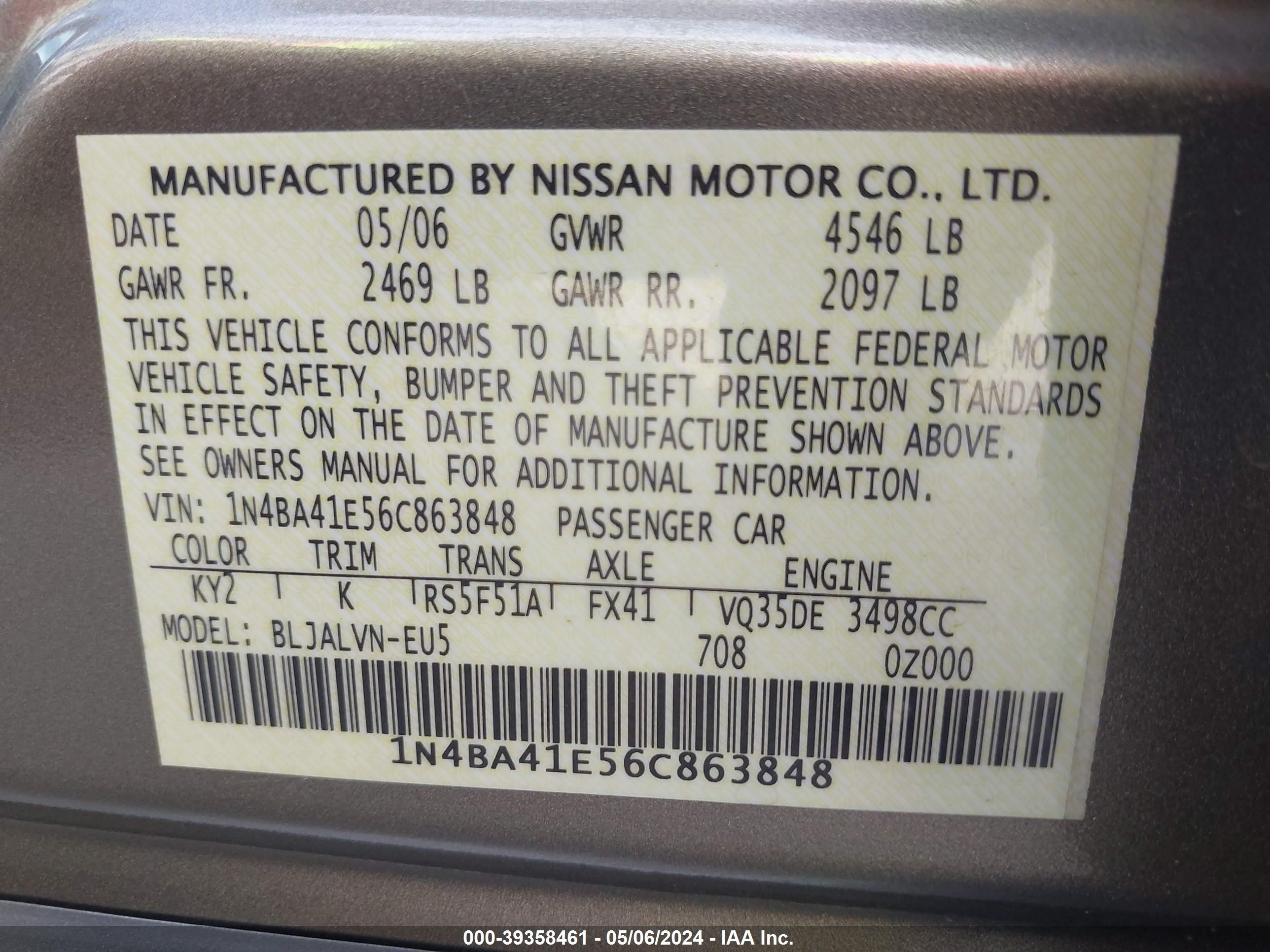 Photo 8 VIN: 1N4BA41E56C863848 - NISSAN MAXIMA 