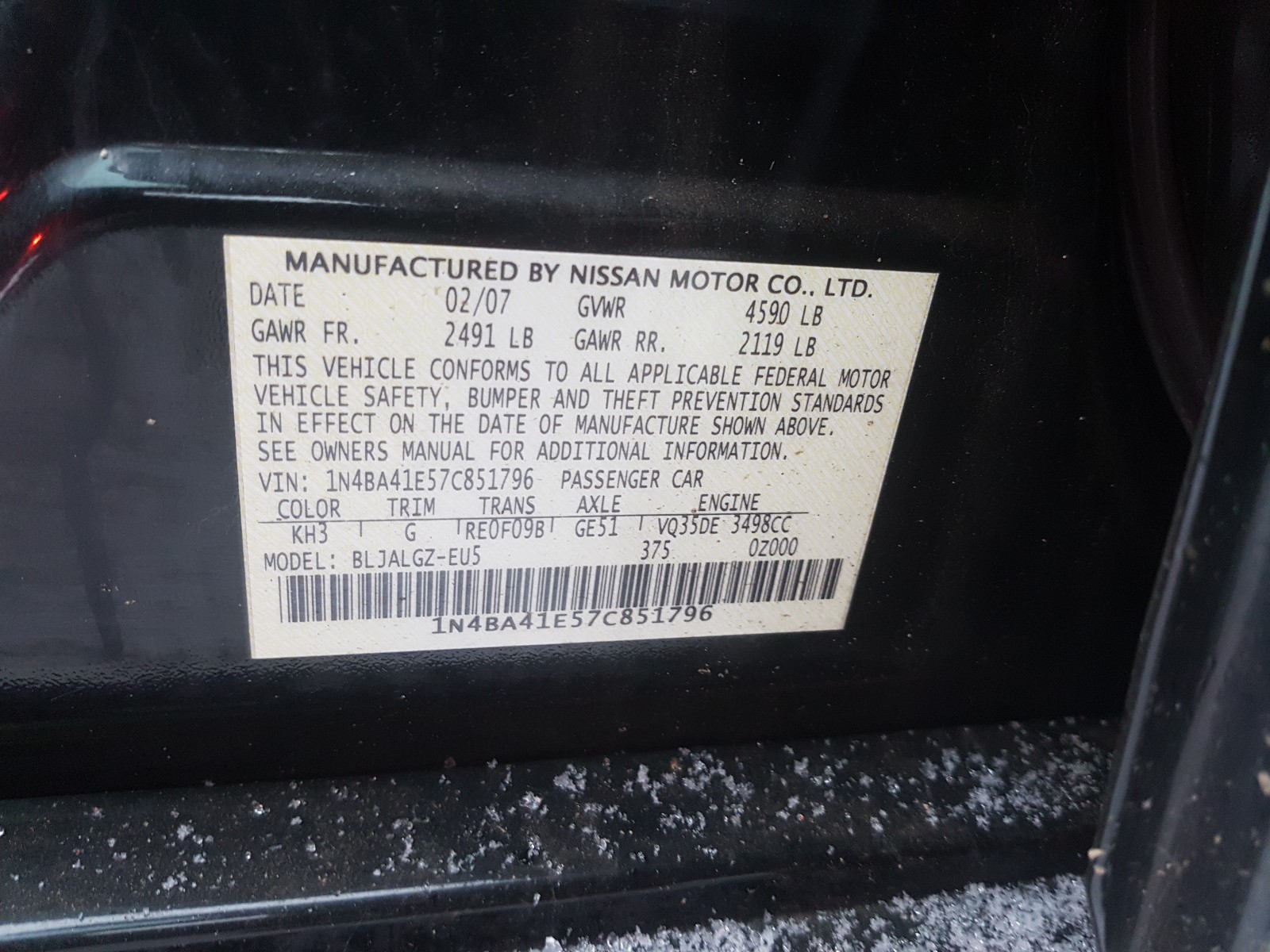 Photo 9 VIN: 1N4BA41E57C851796 - NISSAN MAXIMA SE 