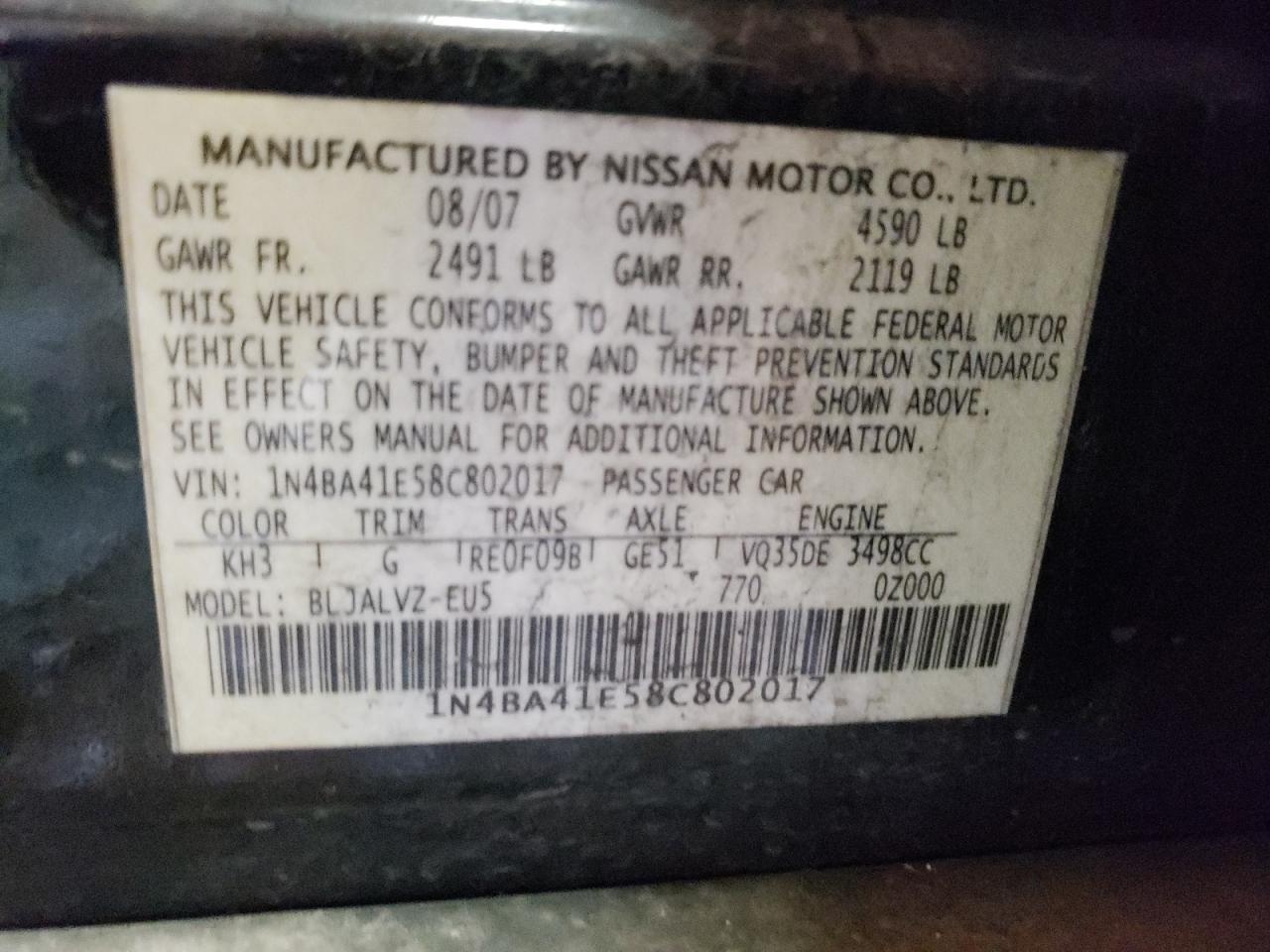 Photo 11 VIN: 1N4BA41E58C802017 - NISSAN MAXIMA 