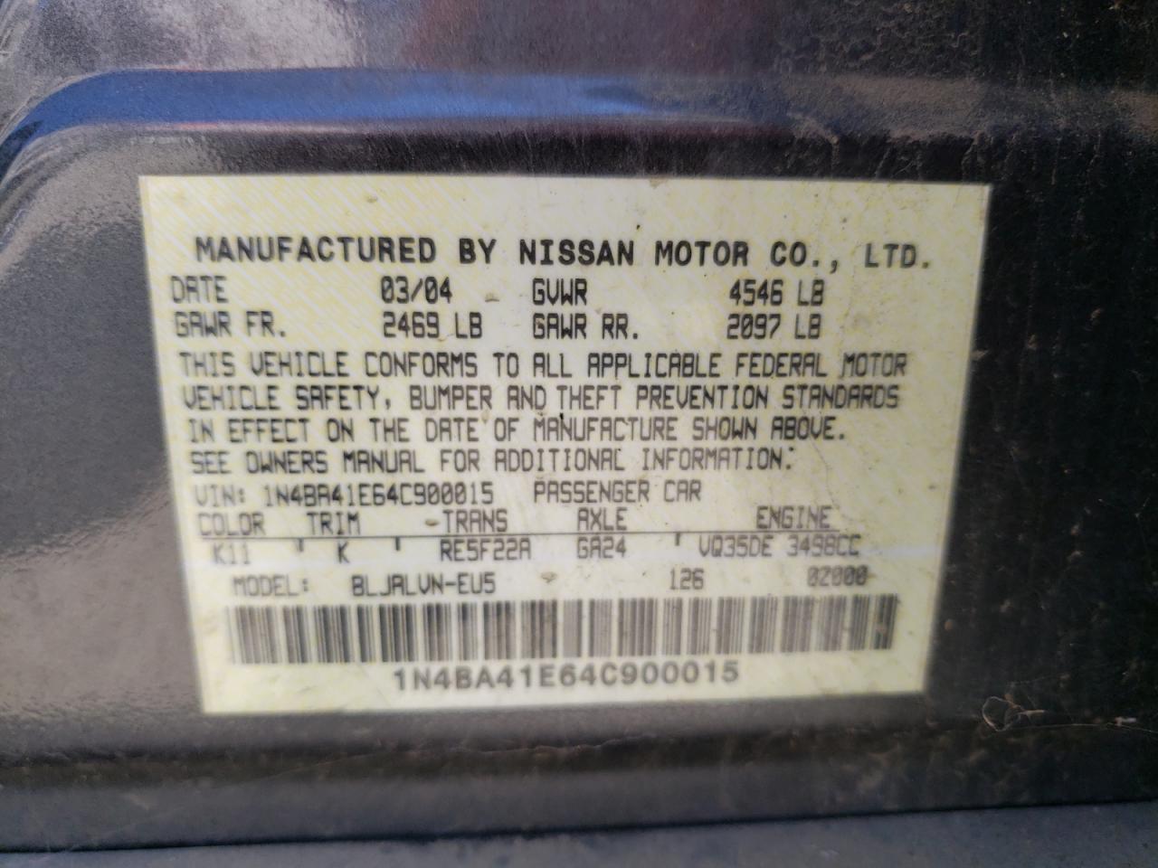 Photo 11 VIN: 1N4BA41E64C900015 - NISSAN MAXIMA 