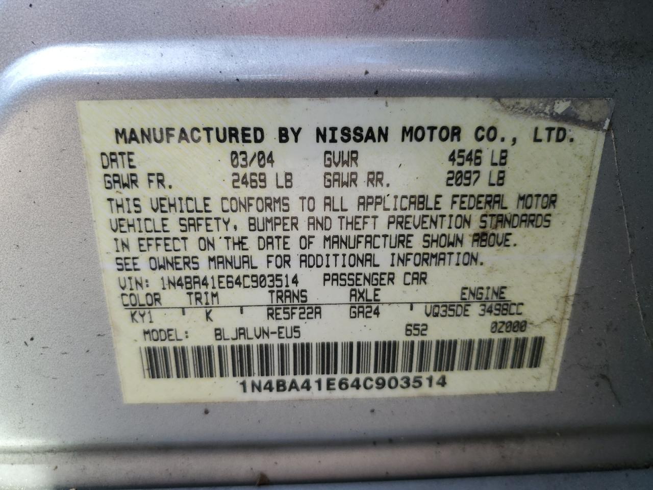 Photo 11 VIN: 1N4BA41E64C903514 - NISSAN MAXIMA 