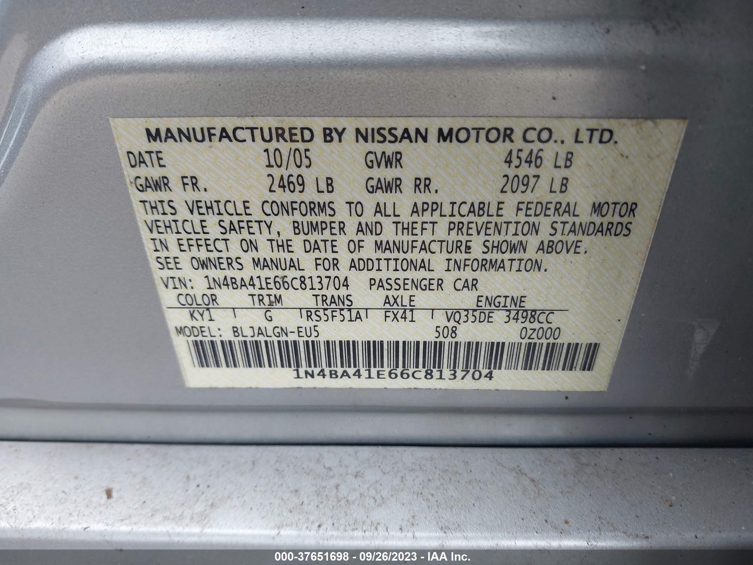 Photo 8 VIN: 1N4BA41E66C813704 - NISSAN MAXIMA 