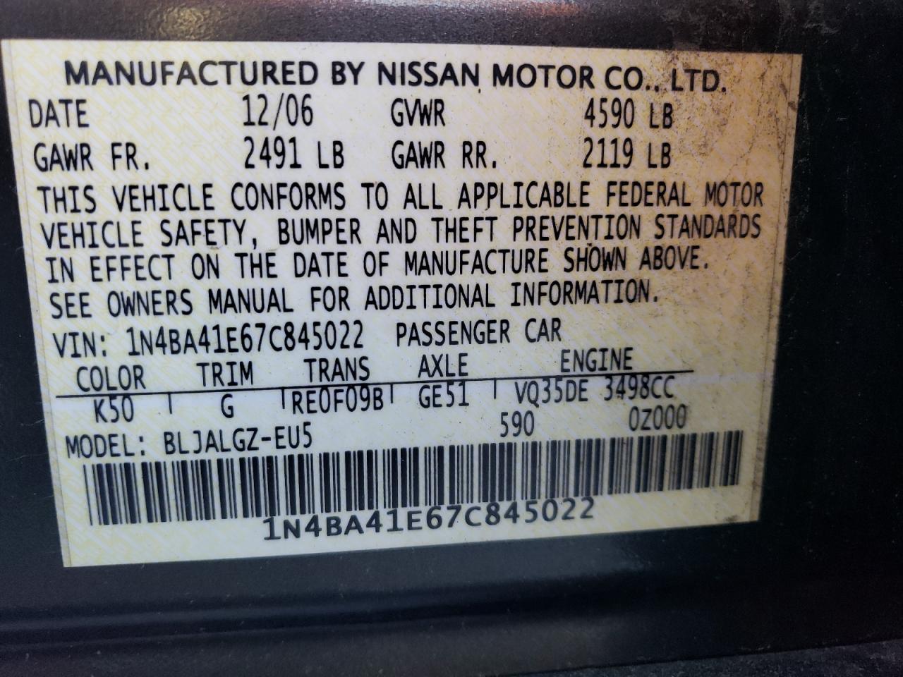 Photo 11 VIN: 1N4BA41E67C845022 - NISSAN MAXIMA 