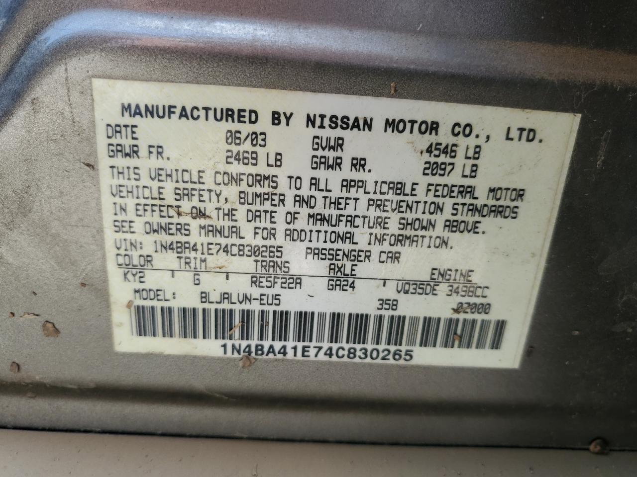 Photo 12 VIN: 1N4BA41E74C830265 - NISSAN MAXIMA 