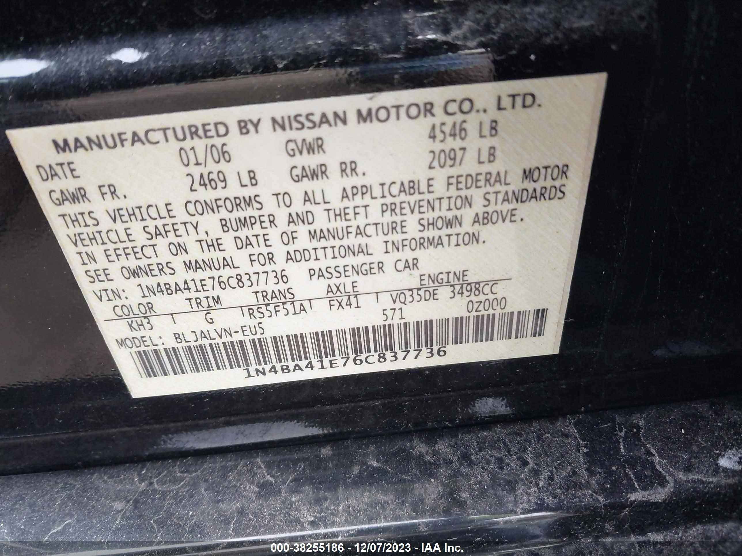 Photo 8 VIN: 1N4BA41E76C837736 - NISSAN MAXIMA 