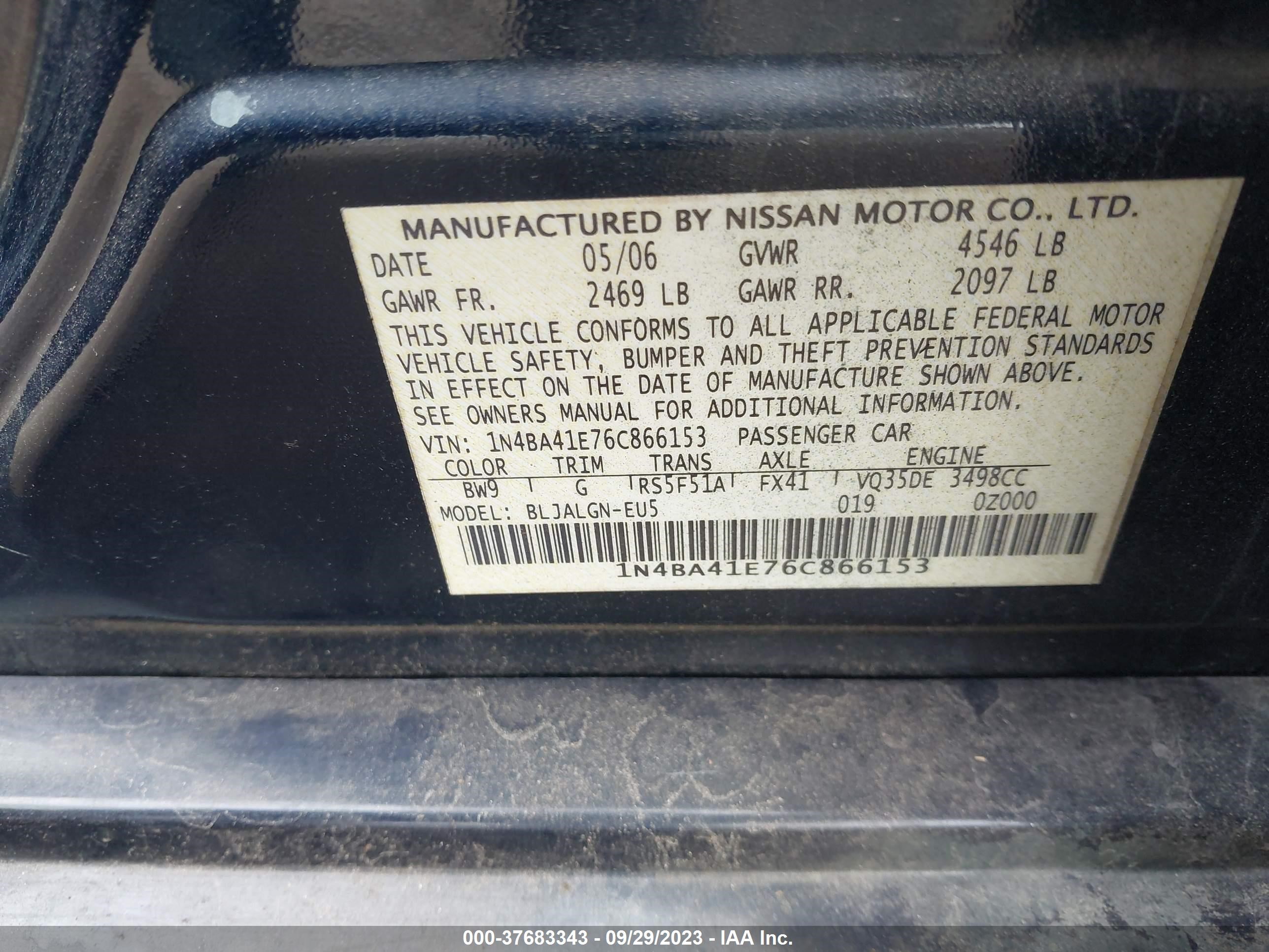 Photo 8 VIN: 1N4BA41E76C866153 - NISSAN MAXIMA 