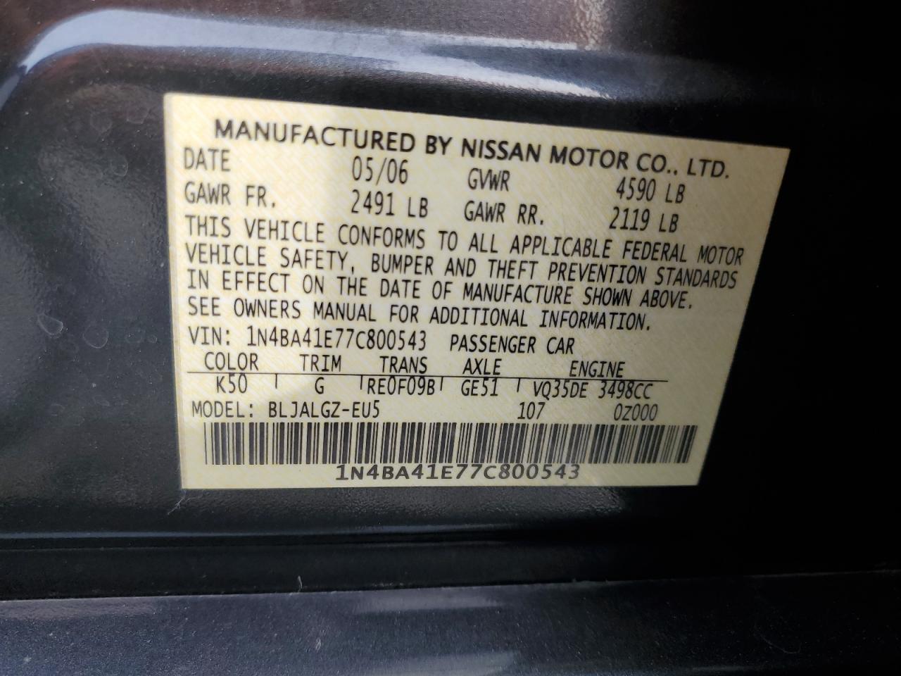 Photo 11 VIN: 1N4BA41E77C800543 - NISSAN MAXIMA 