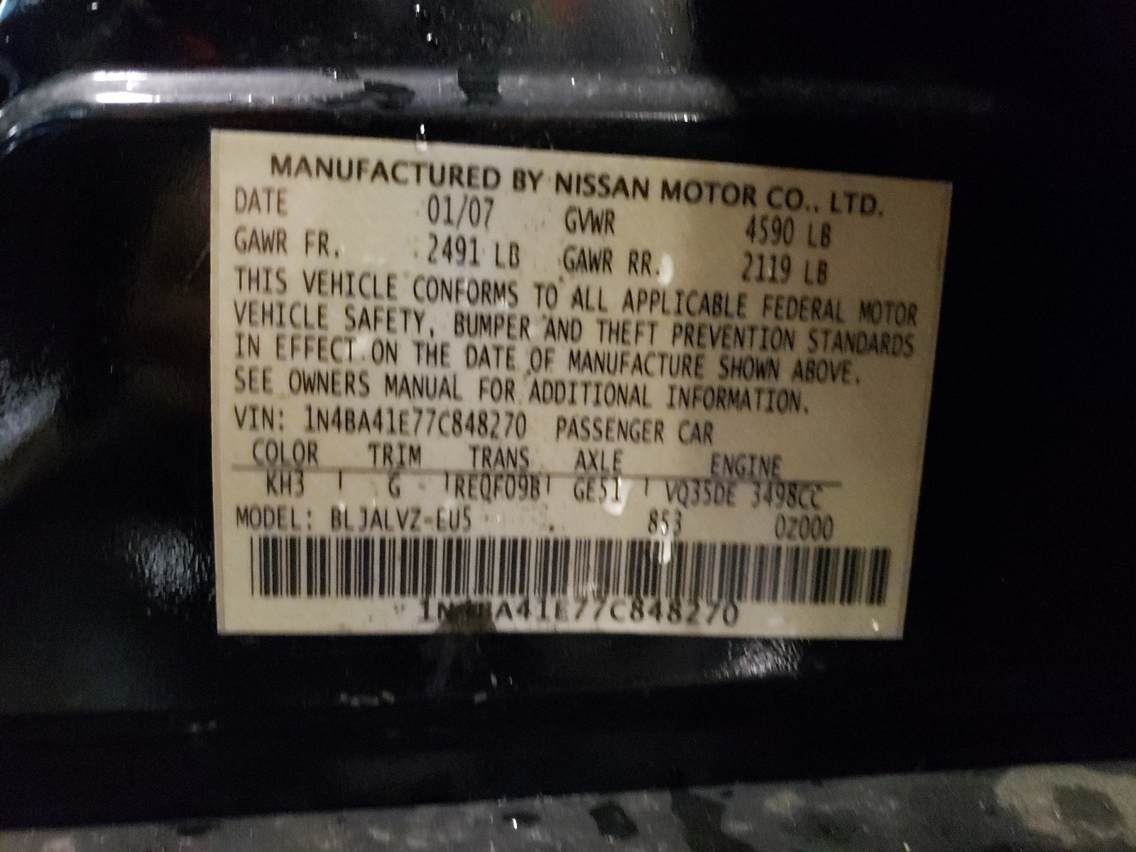 Photo 9 VIN: 1N4BA41E77C848270 - NISSAN MAXIMA SE 