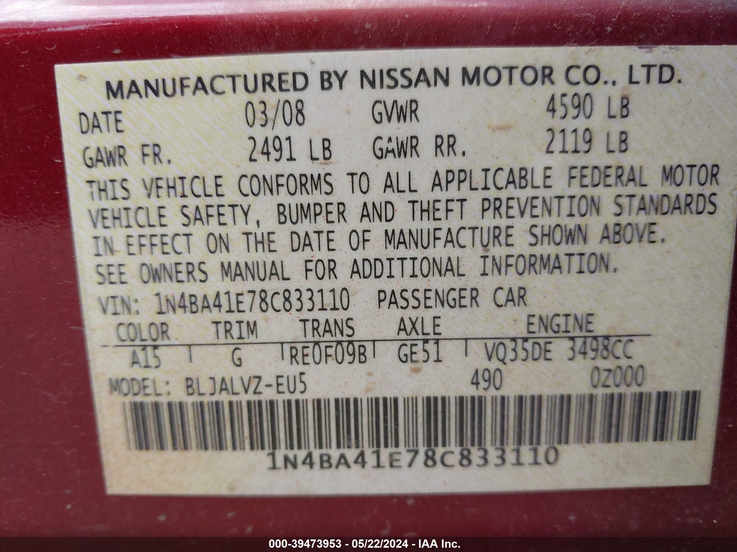 Photo 8 VIN: 1N4BA41E78C833110 - NISSAN MAXIMA 