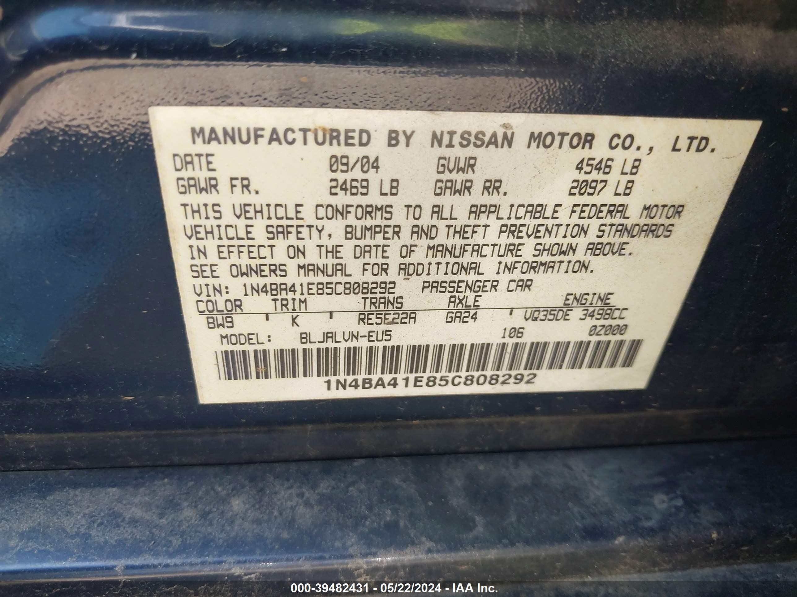 Photo 8 VIN: 1N4BA41E85C808292 - NISSAN MAXIMA 