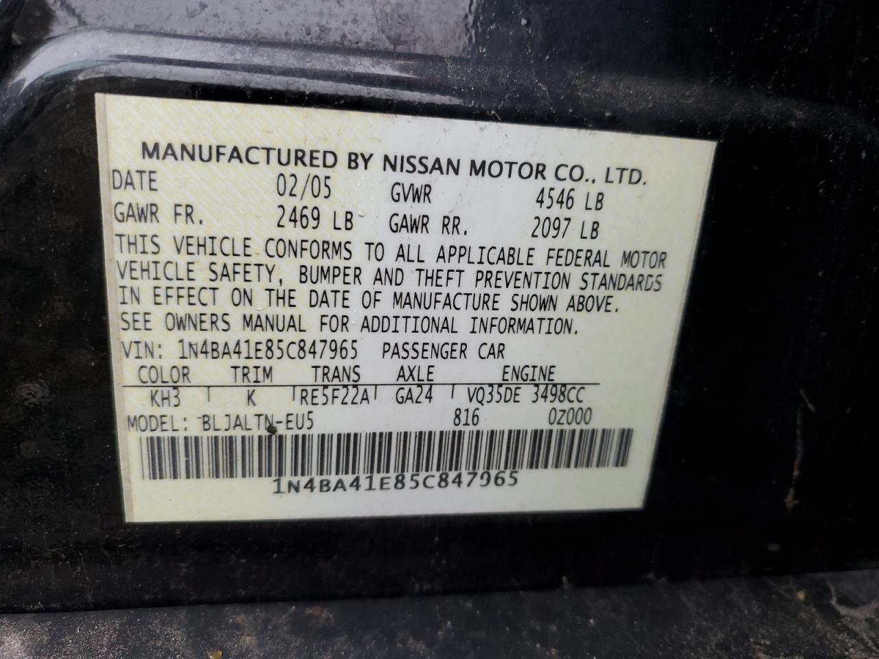 Photo 11 VIN: 1N4BA41E85C847965 - NISSAN MAXIMA 