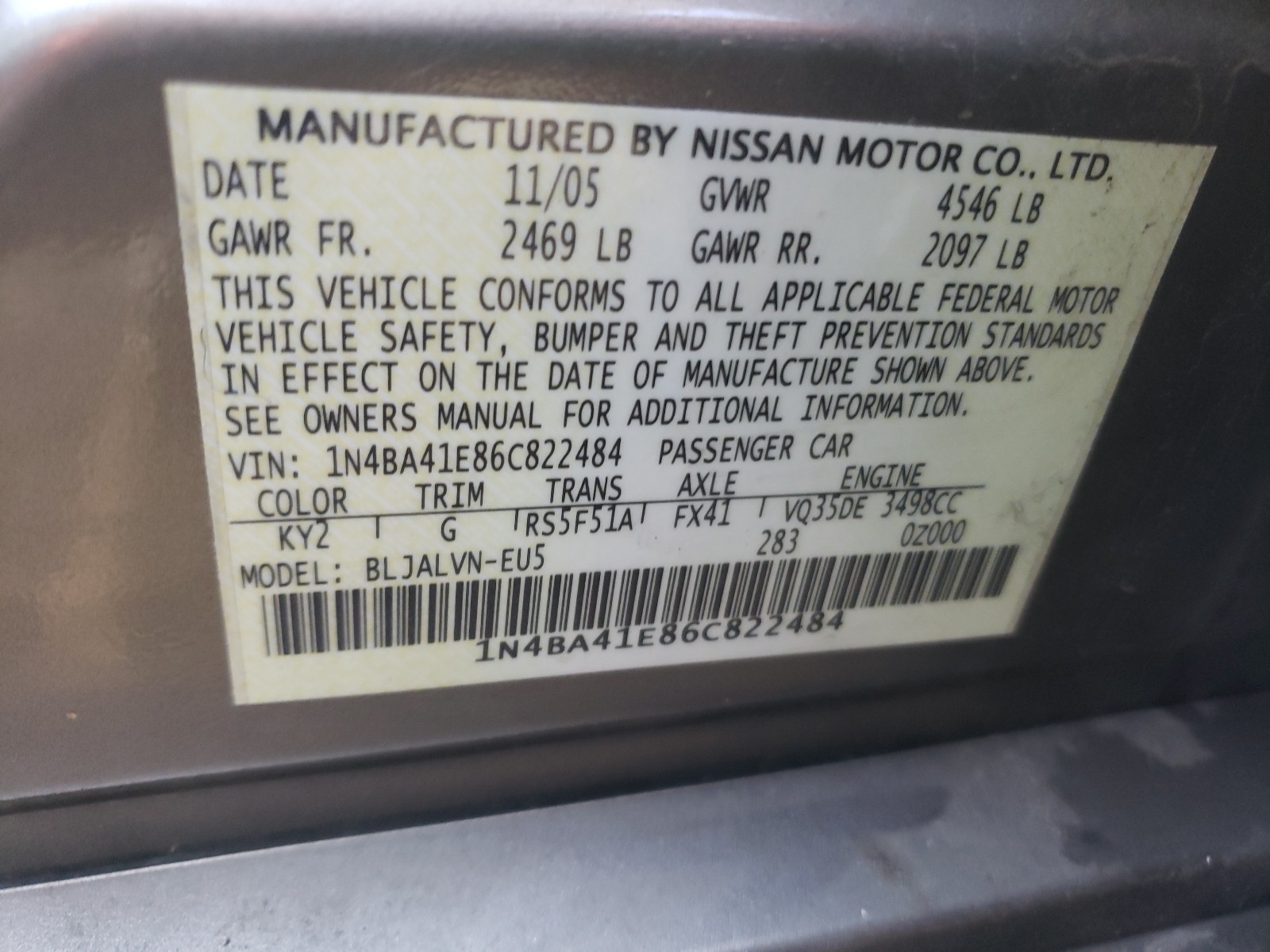 Photo 9 VIN: 1N4BA41E86C822484 - NISSAN MAXIMA SE 