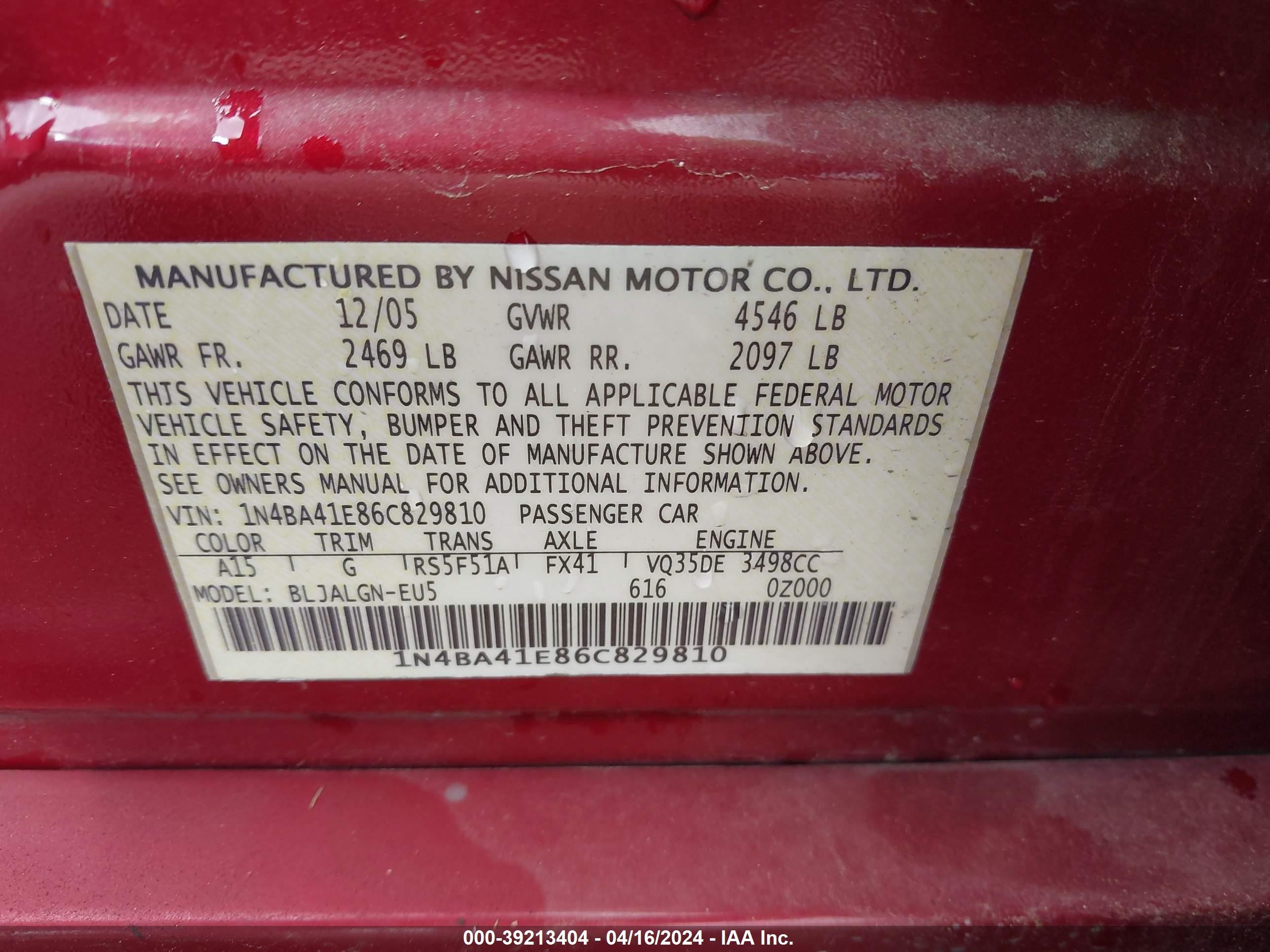 Photo 8 VIN: 1N4BA41E86C829810 - NISSAN MAXIMA 