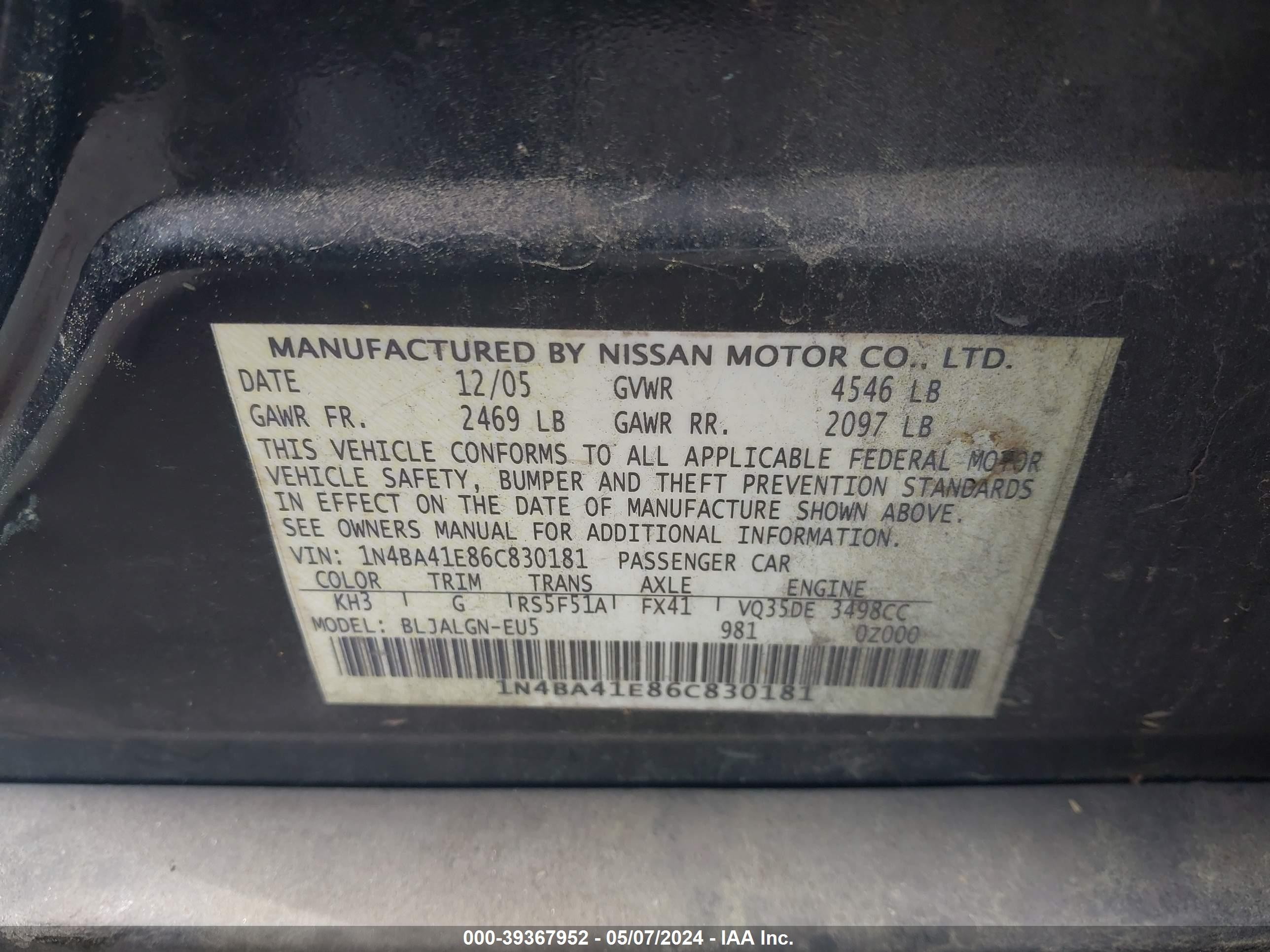 Photo 8 VIN: 1N4BA41E86C830181 - NISSAN MAXIMA 