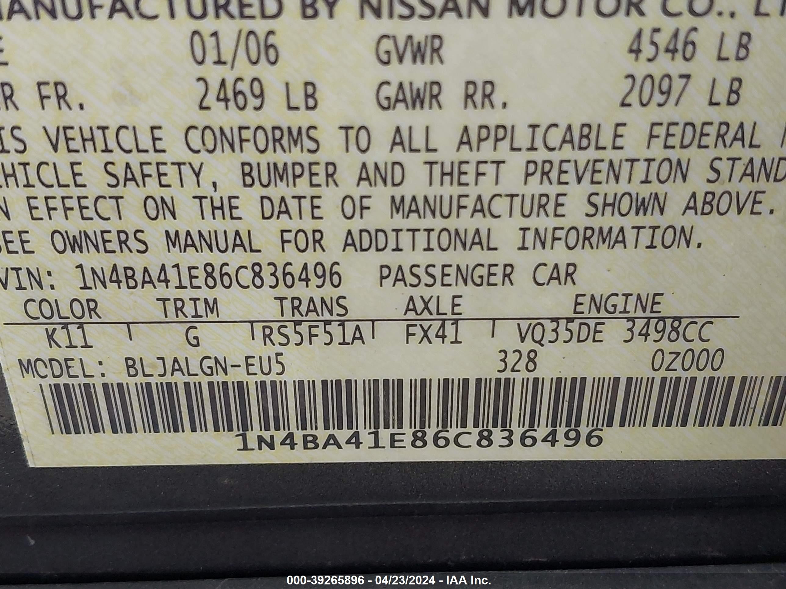 Photo 8 VIN: 1N4BA41E86C836496 - NISSAN MAXIMA 