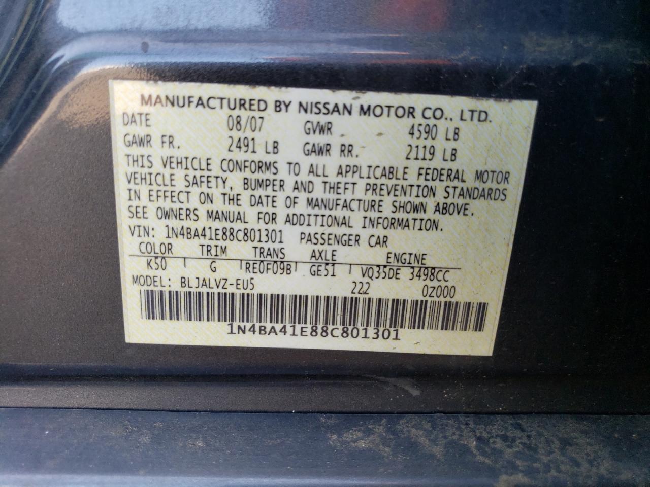 Photo 11 VIN: 1N4BA41E88C801301 - NISSAN MAXIMA 