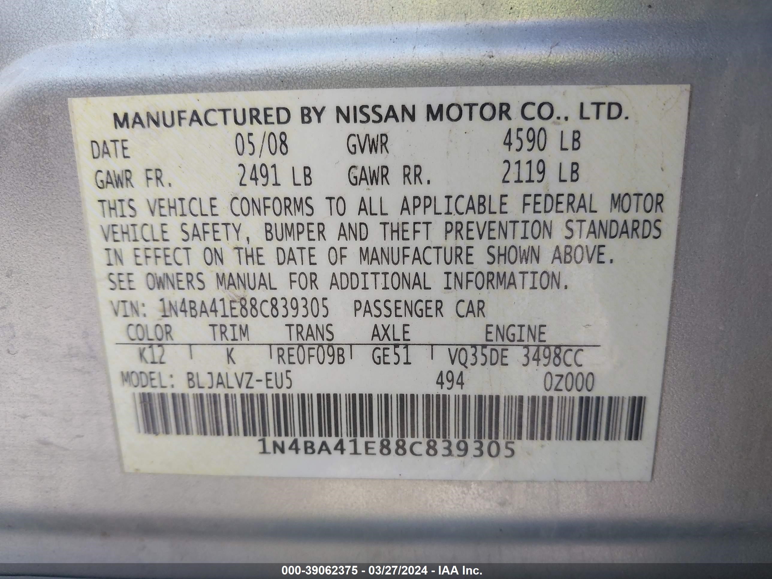 Photo 8 VIN: 1N4BA41E88C839305 - NISSAN MAXIMA 