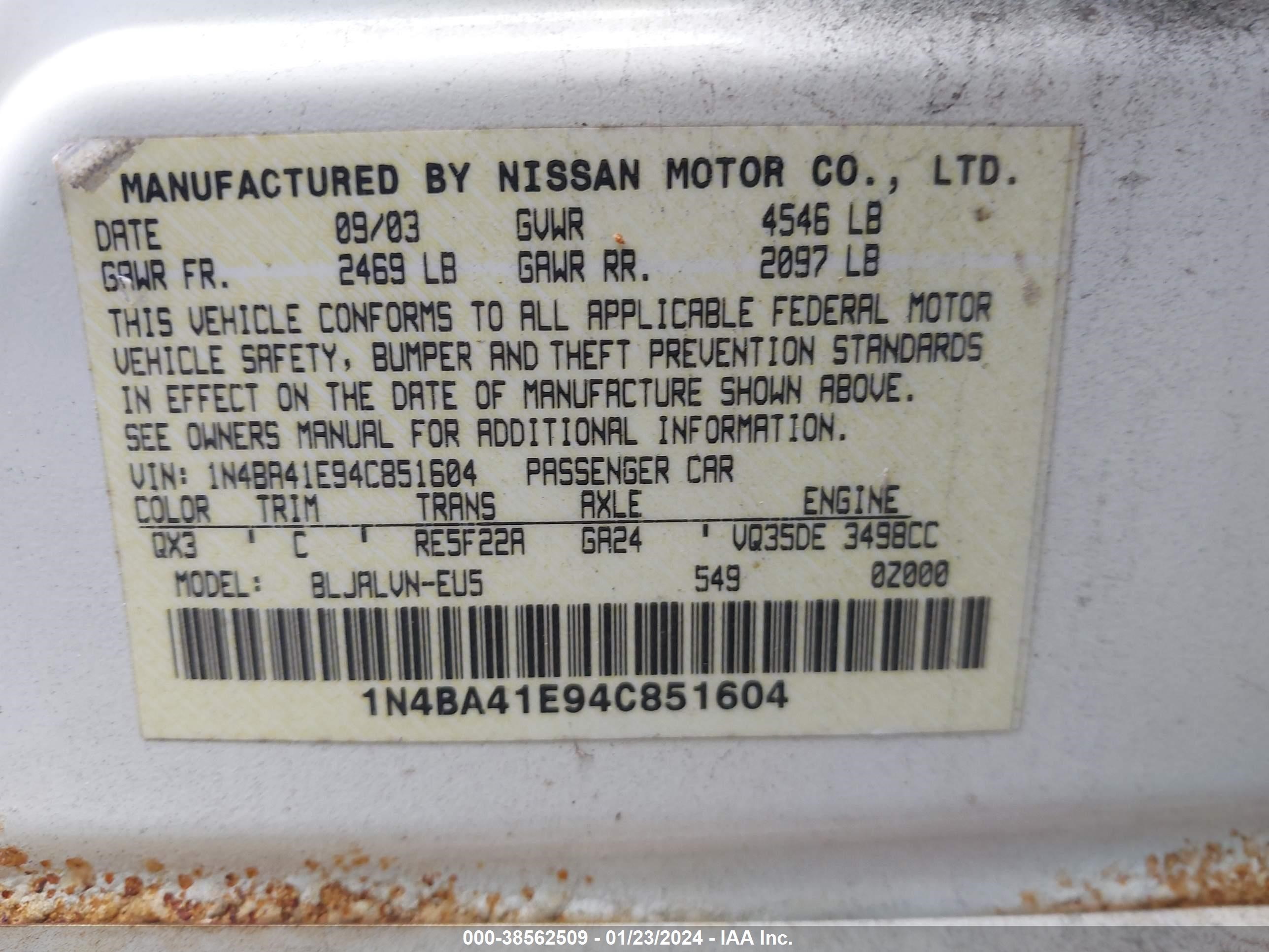 Photo 8 VIN: 1N4BA41E94C851604 - NISSAN MAXIMA 