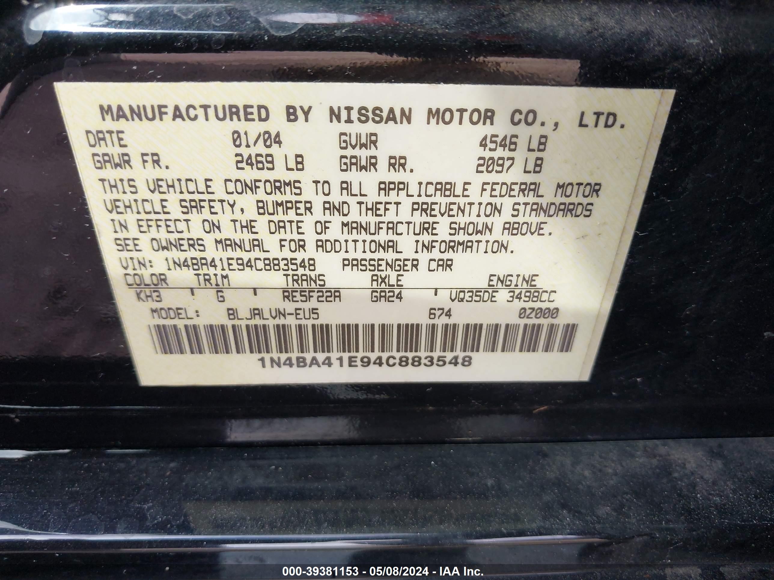 Photo 8 VIN: 1N4BA41E94C883548 - NISSAN MAXIMA 