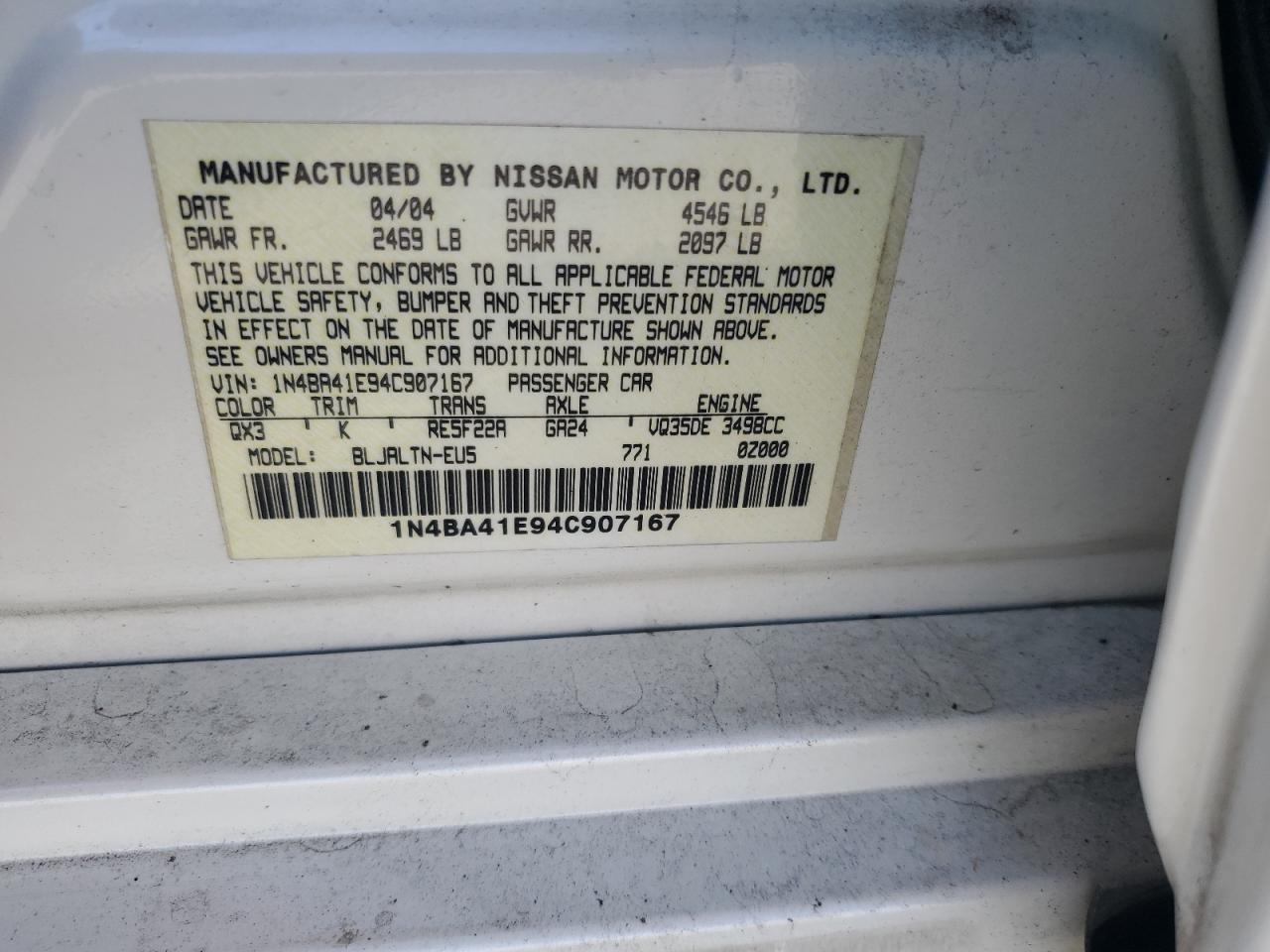 Photo 11 VIN: 1N4BA41E94C907167 - NISSAN MAXIMA 