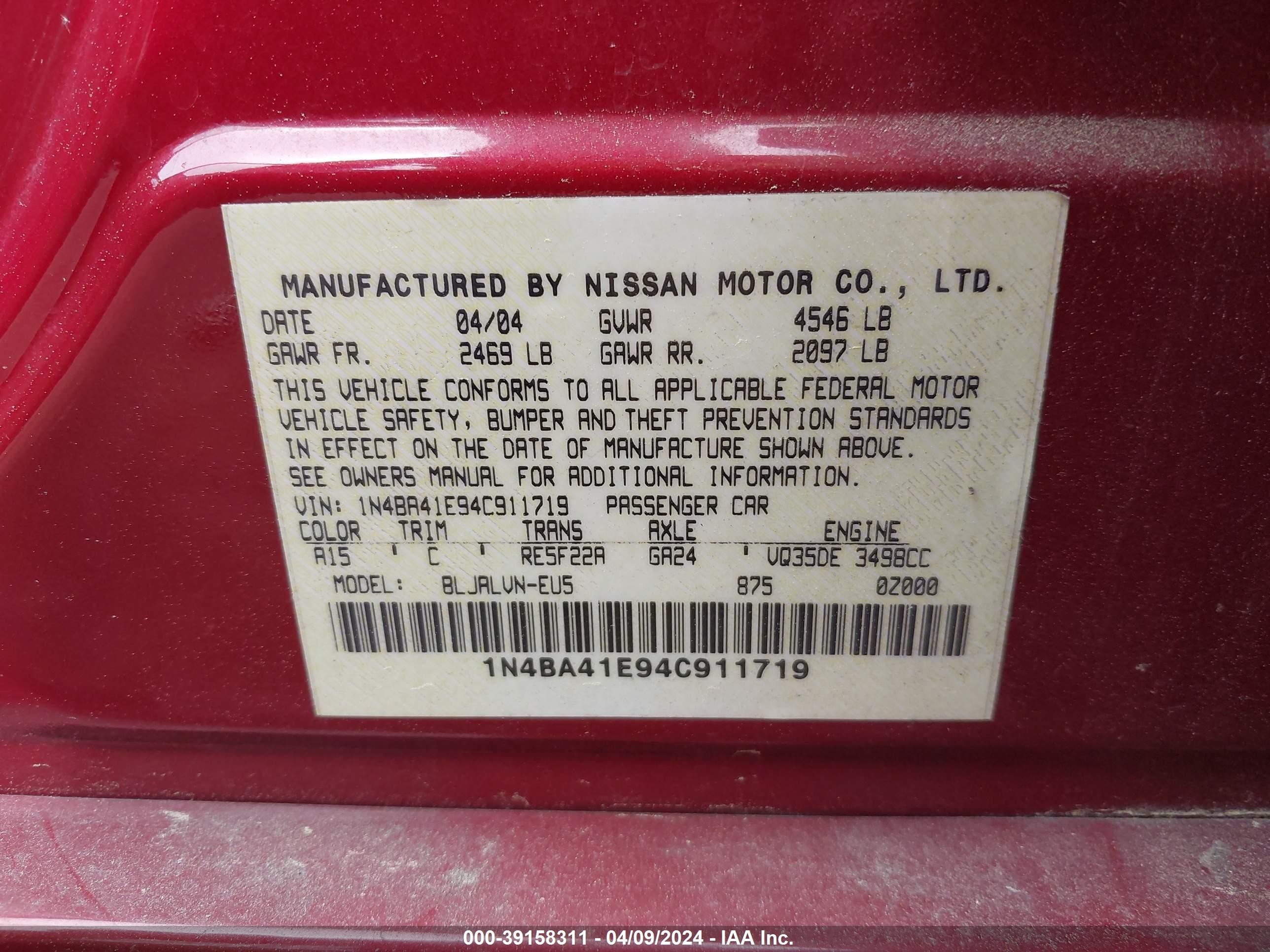 Photo 8 VIN: 1N4BA41E94C911719 - NISSAN MAXIMA 