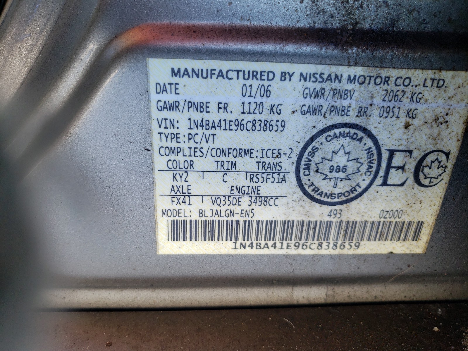 Photo 9 VIN: 1N4BA41E96C838659 - NISSAN MAXIMA SE 