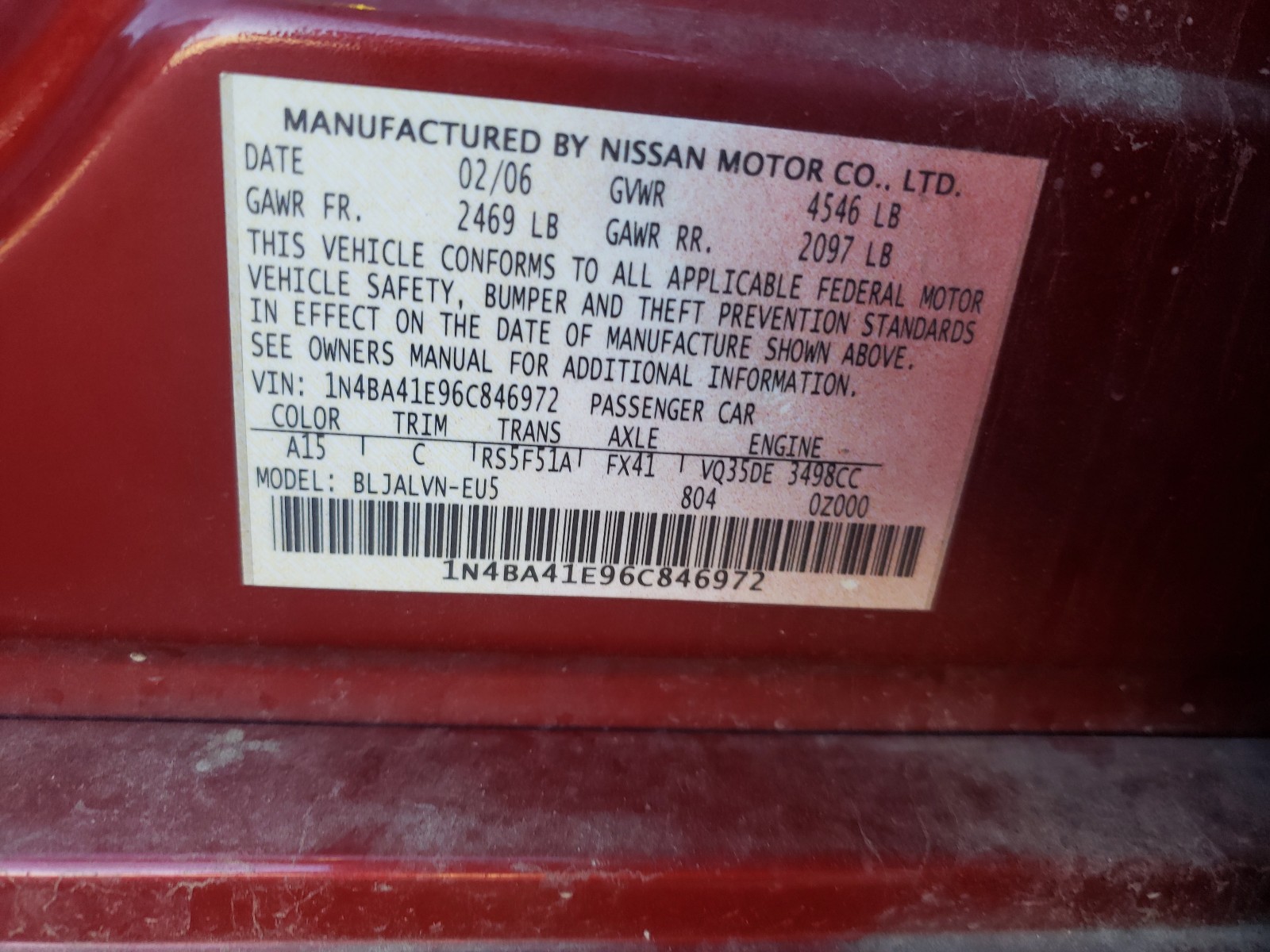 Photo 9 VIN: 1N4BA41E96C846972 - NISSAN MAXIMA SE 