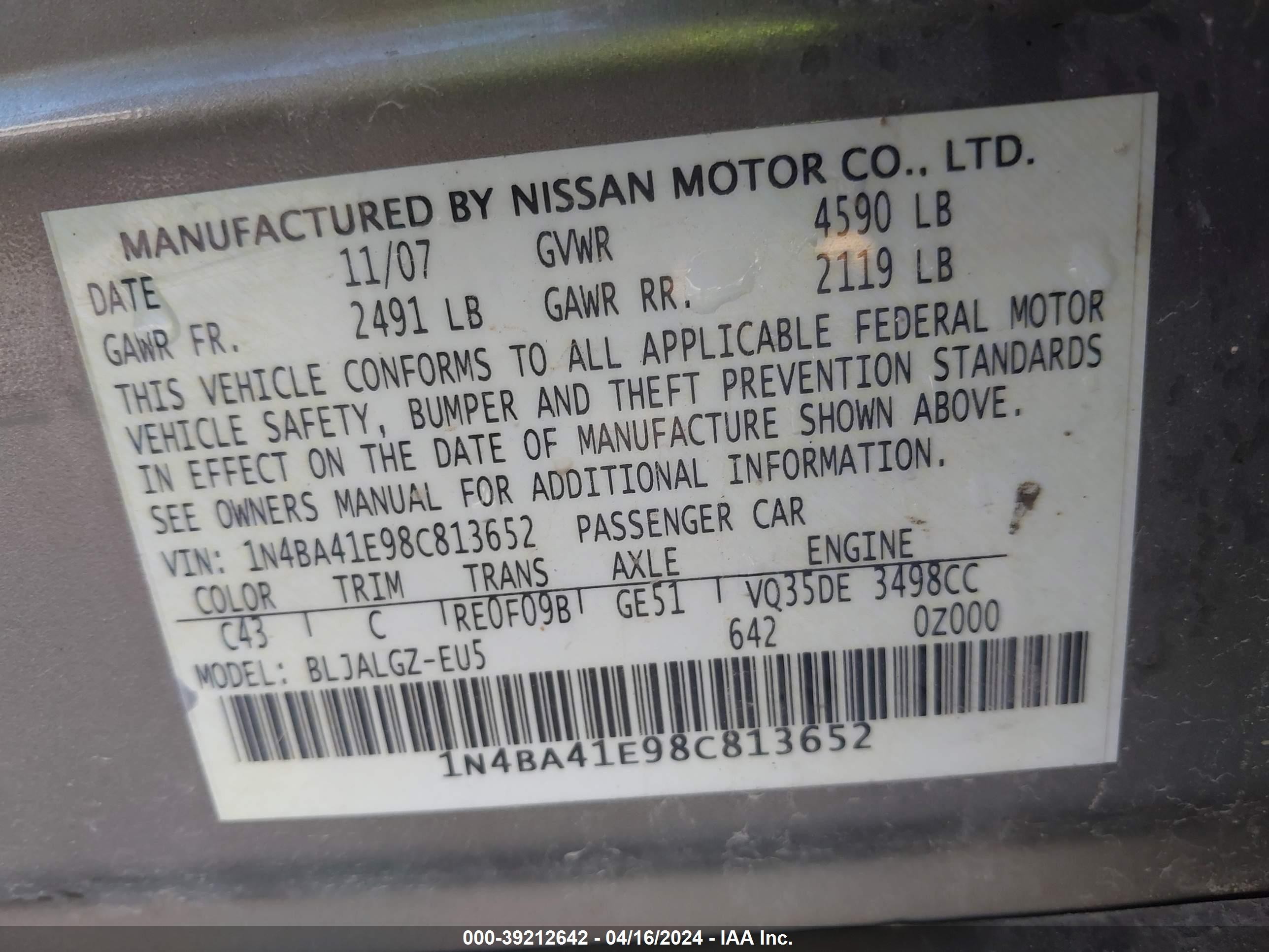 Photo 8 VIN: 1N4BA41E98C813652 - NISSAN MAXIMA 