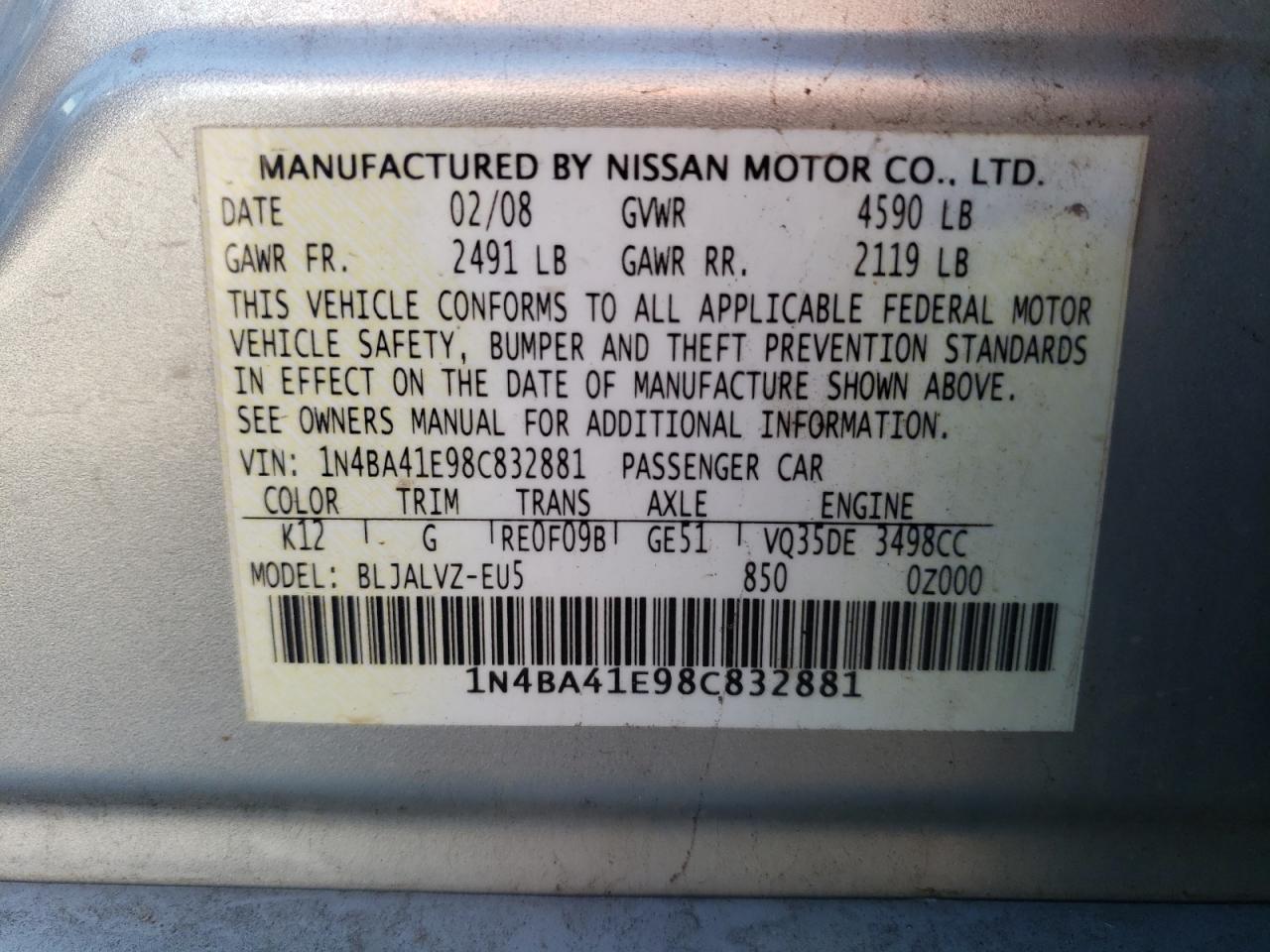 Photo 11 VIN: 1N4BA41E98C832881 - NISSAN MAXIMA 