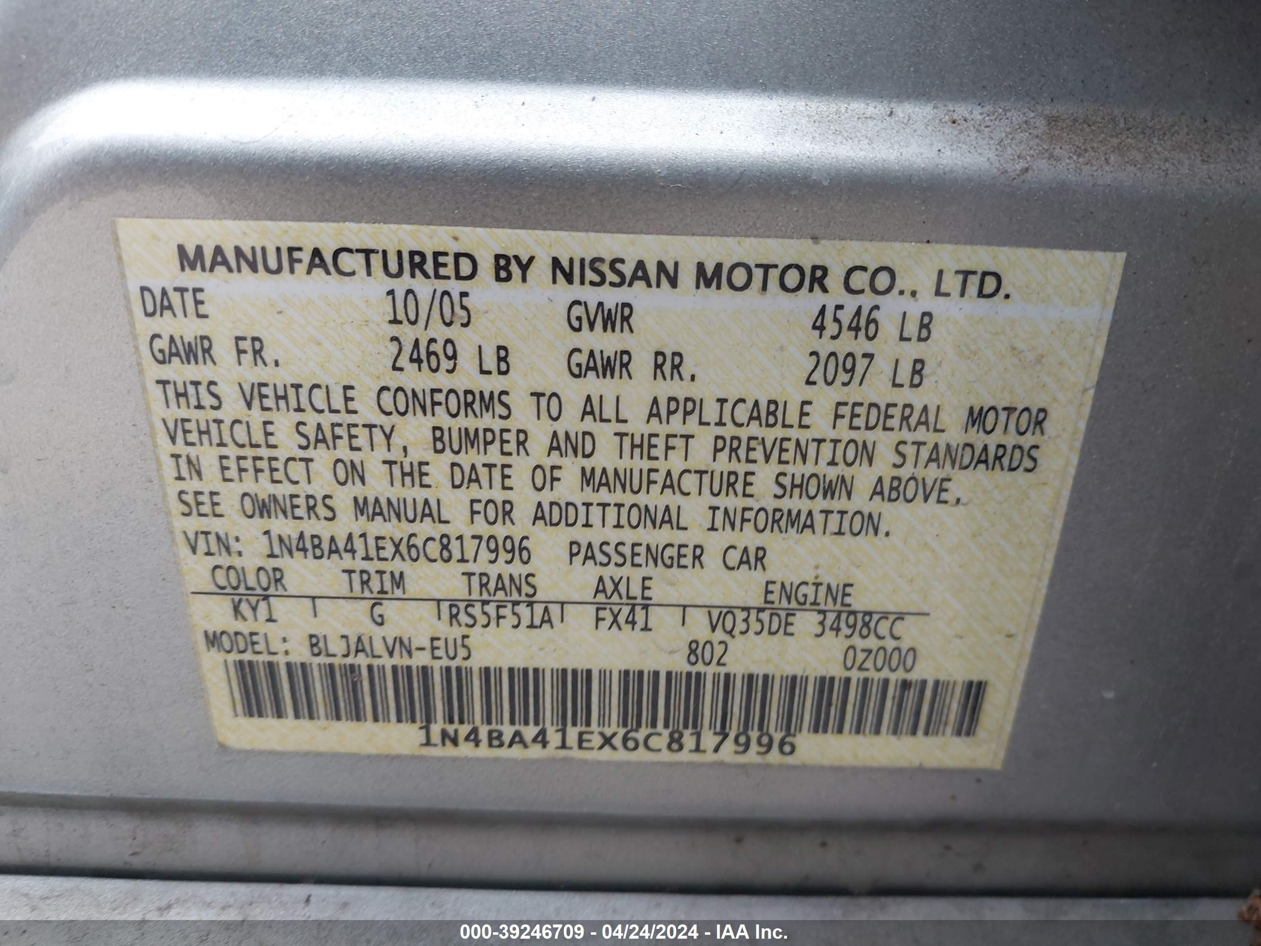 Photo 8 VIN: 1N4BA41EX6C817996 - NISSAN MAXIMA 