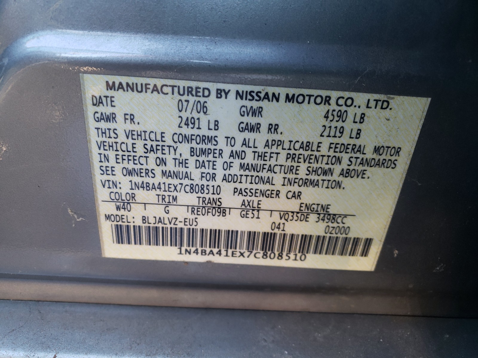 Photo 9 VIN: 1N4BA41EX7C808510 - NISSAN MAXIMA SE 