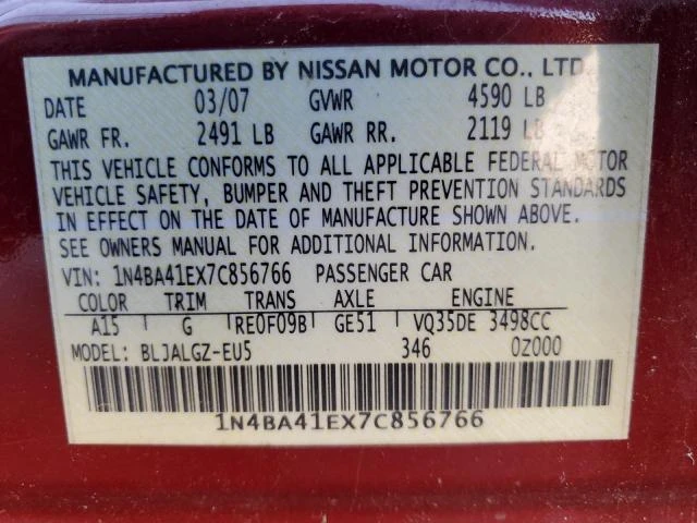 Photo 11 VIN: 1N4BA41EX7C856766 - NISSAN MAXIMA SL 