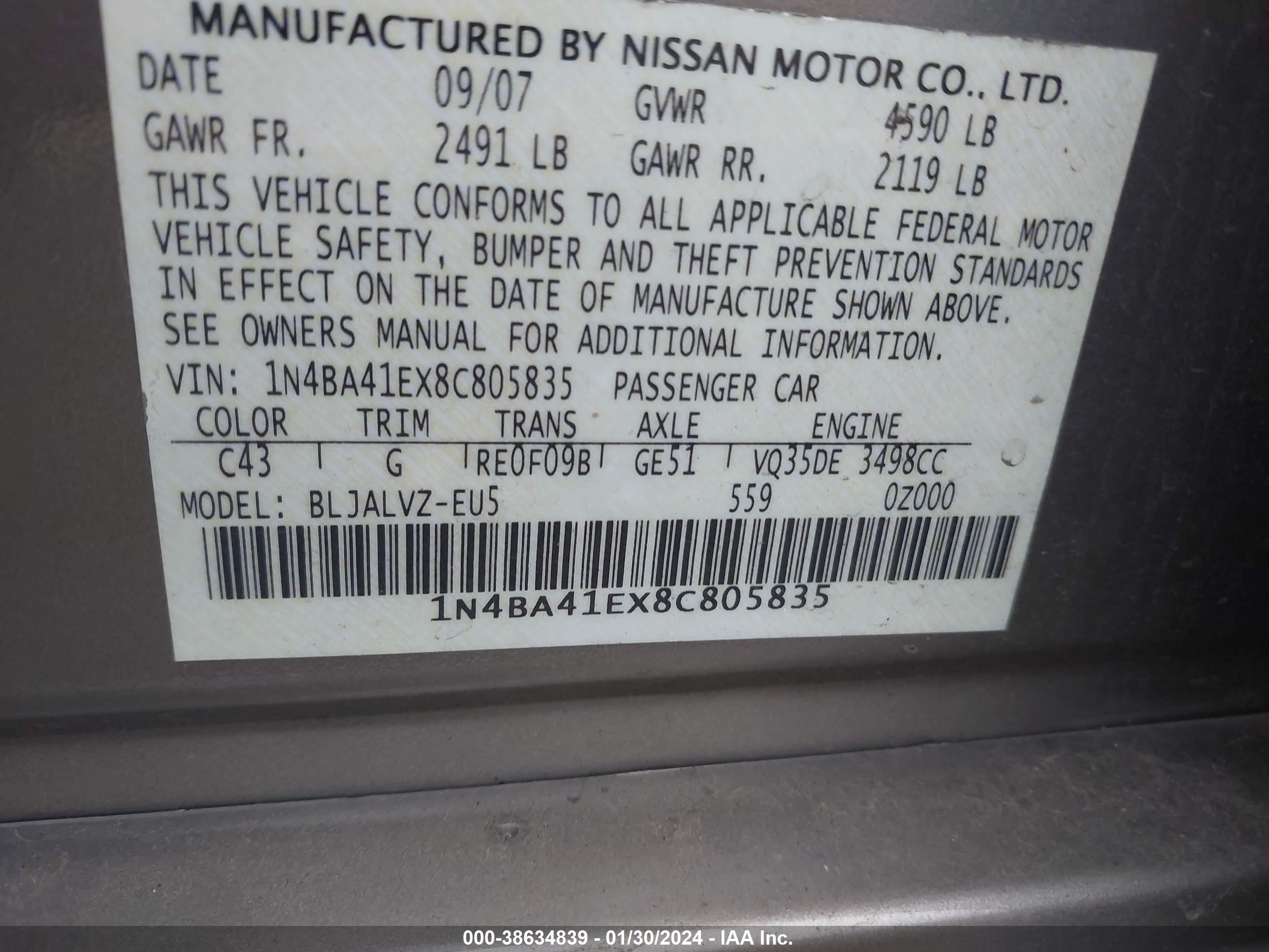 Photo 8 VIN: 1N4BA41EX8C805835 - NISSAN MAXIMA 