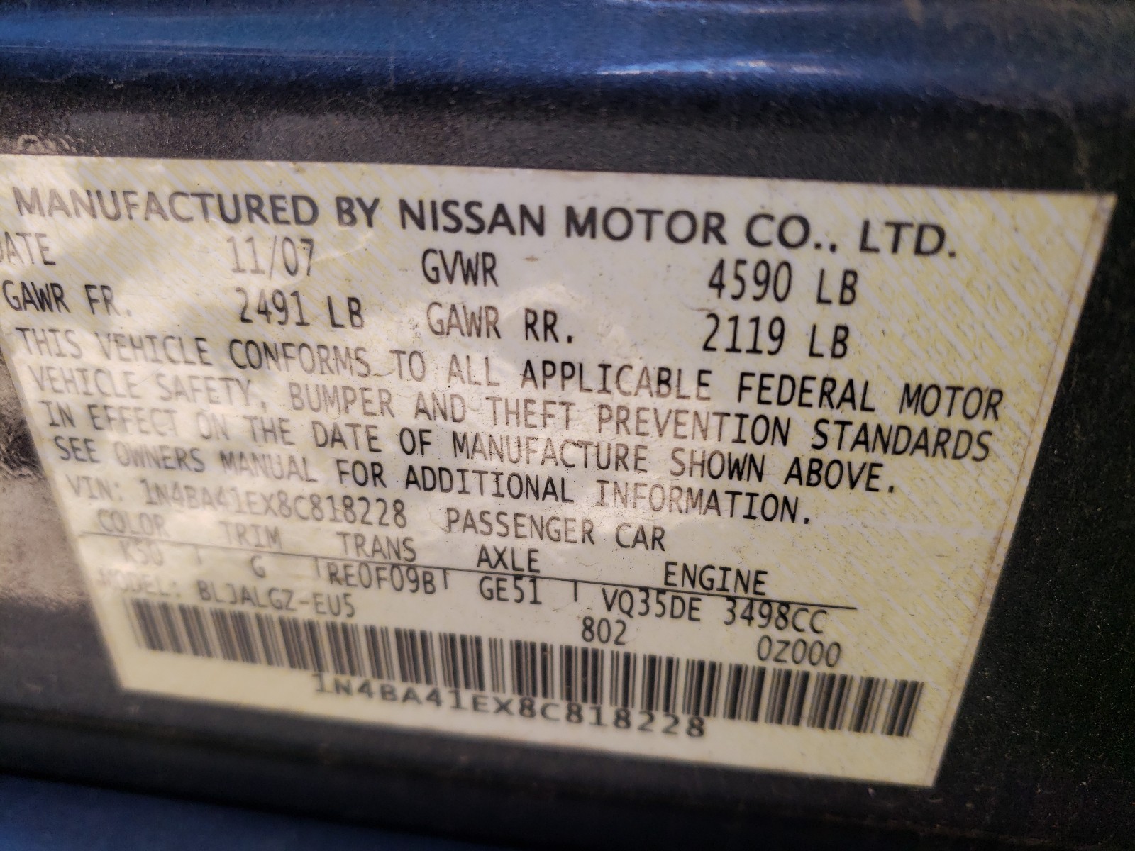 Photo 9 VIN: 1N4BA41EX8C818228 - NISSAN MAXIMA 