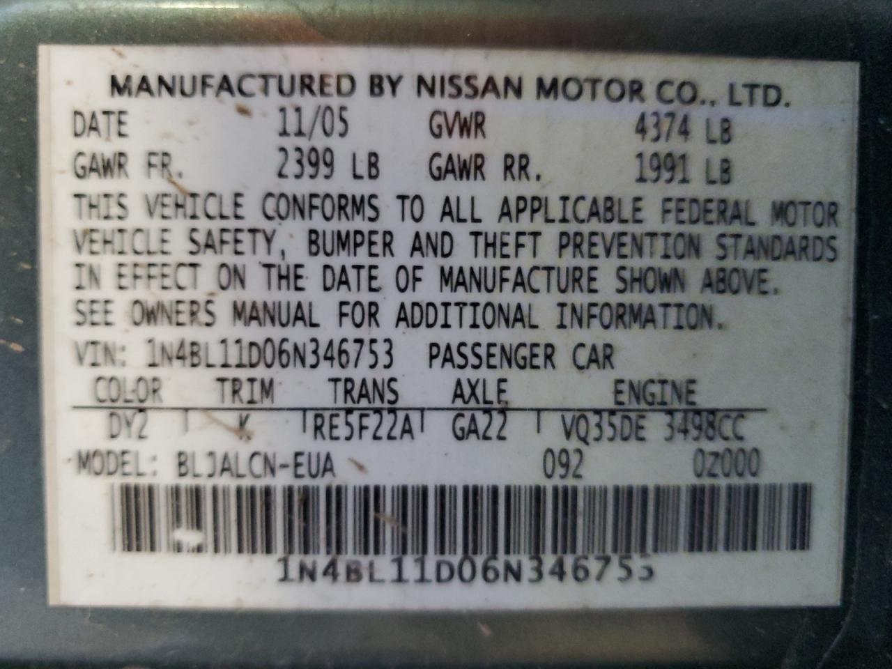 Photo 11 VIN: 1N4BL11D06N346753 - NISSAN ALTIMA 