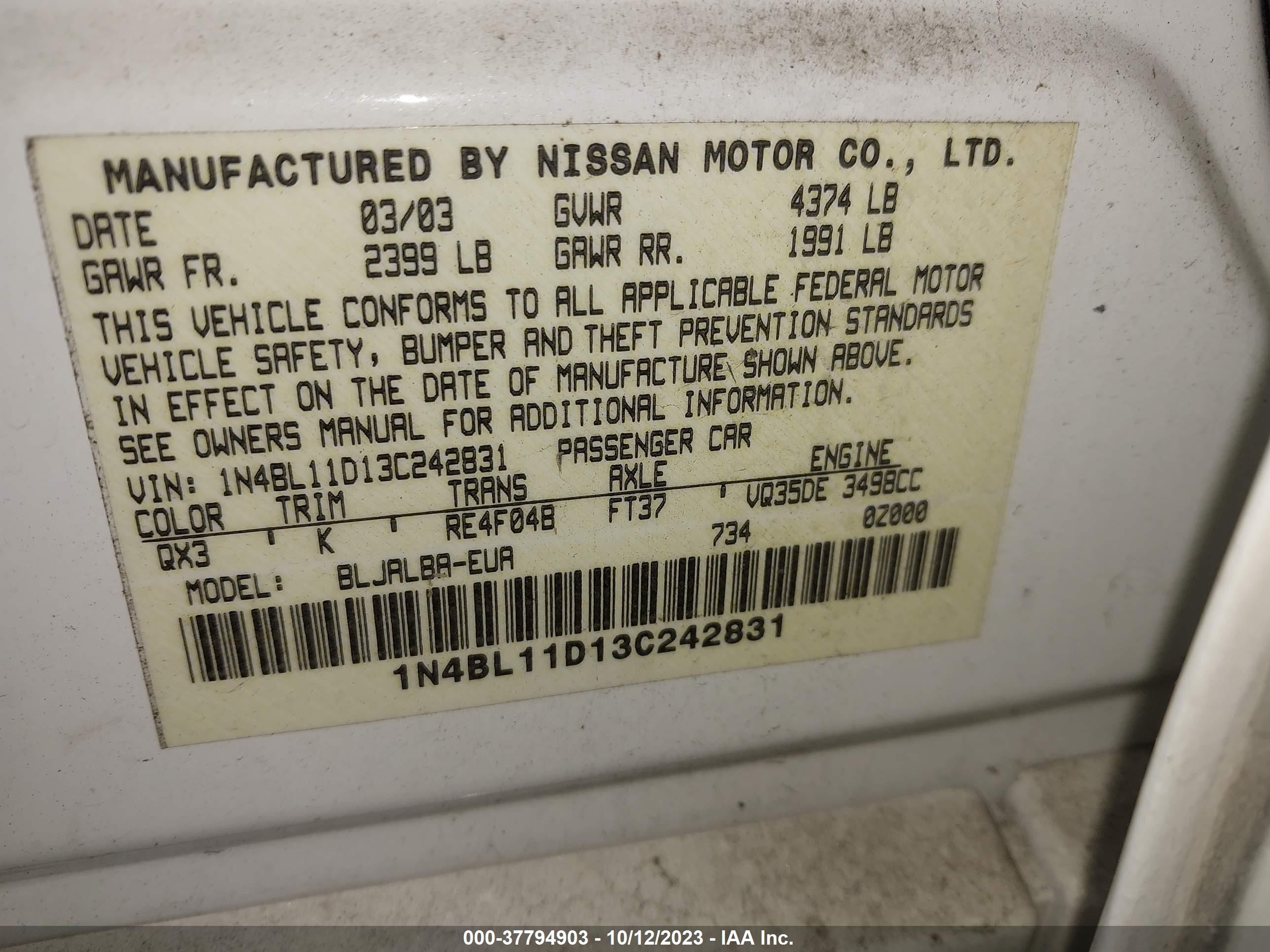 Photo 8 VIN: 1N4BL11D13C242831 - NISSAN ALTIMA 