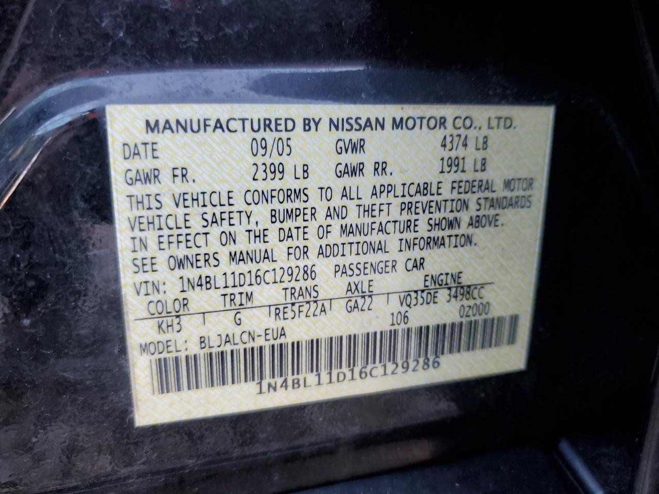 Photo 12 VIN: 1N4BL11D16C129286 - NISSAN ALTIMA 