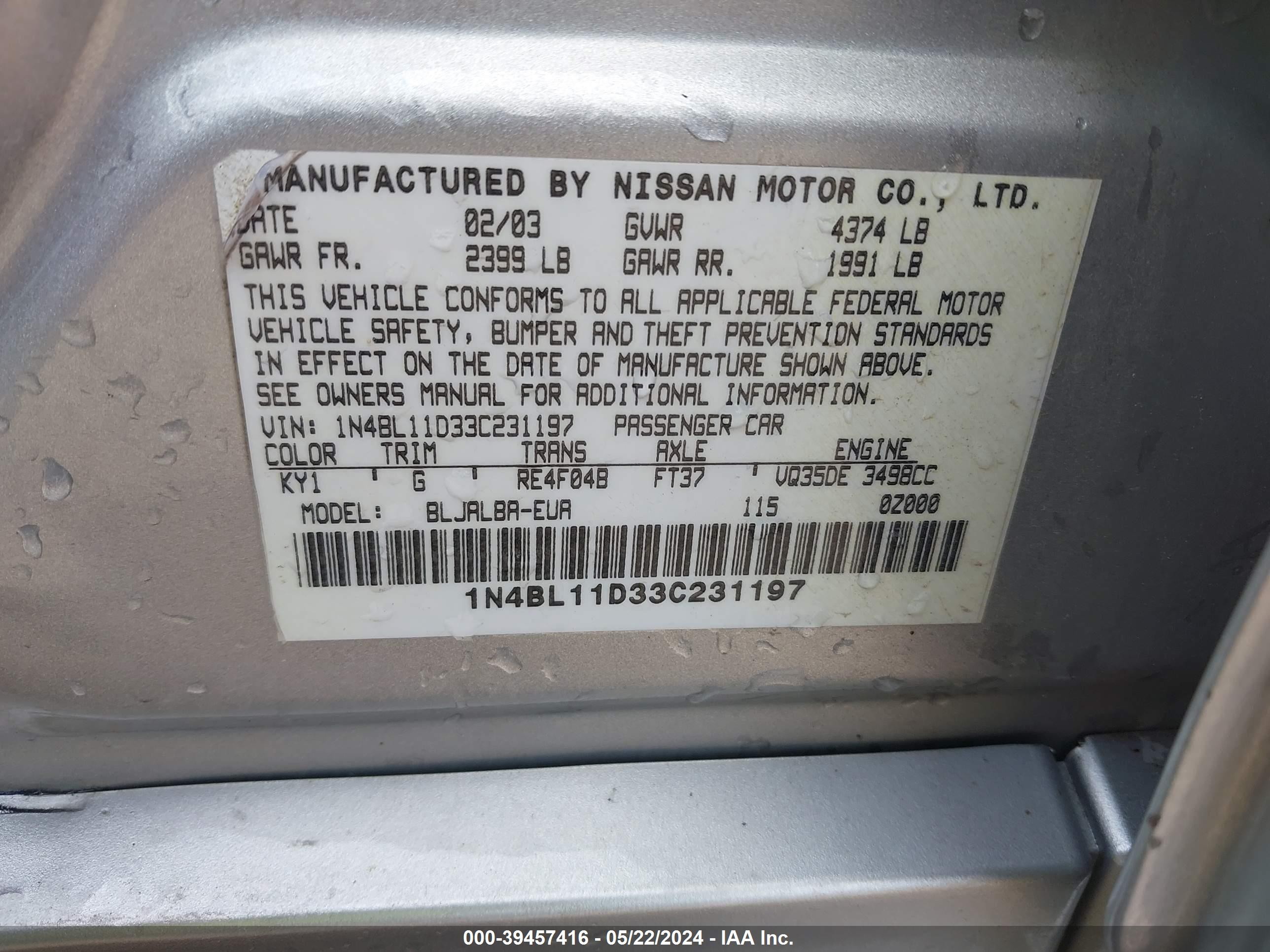 Photo 8 VIN: 1N4BL11D33C231197 - NISSAN ALTIMA 