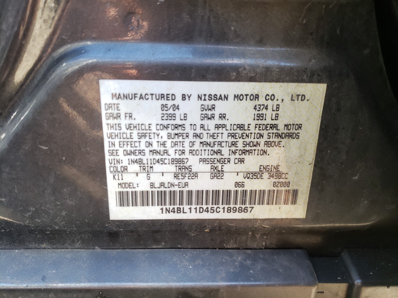 Photo 9 VIN: 1N4BL11D45C189867 - NISSAN ALTIMA SE 