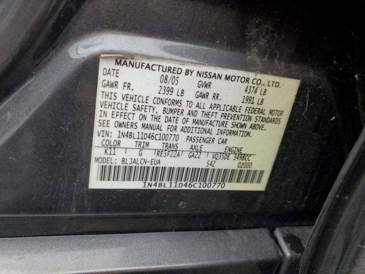 Photo 11 VIN: 1N4BL11D46C100770 - NISSAN ALTIMA 