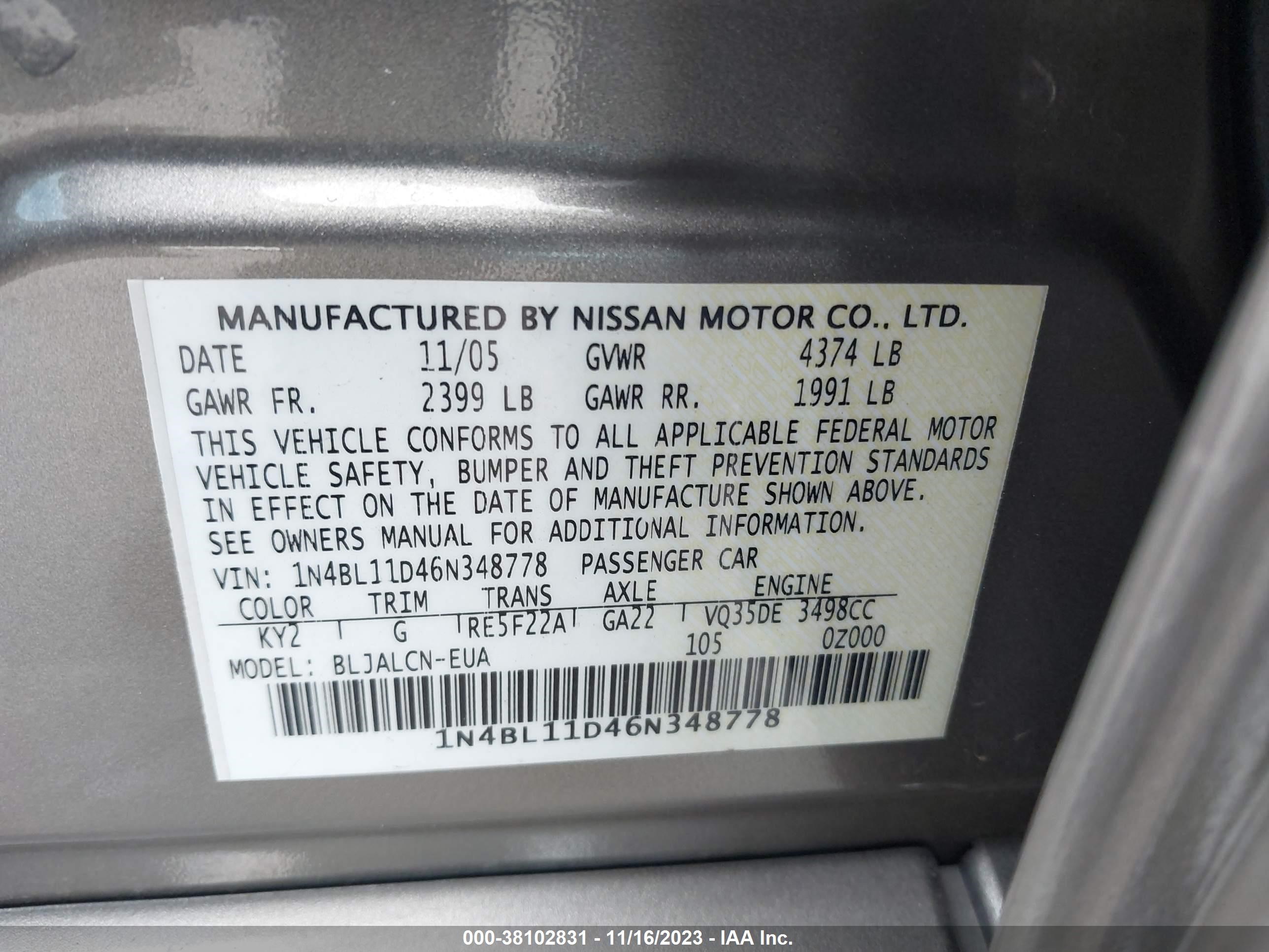 Photo 8 VIN: 1N4BL11D46N348778 - NISSAN ALTIMA 