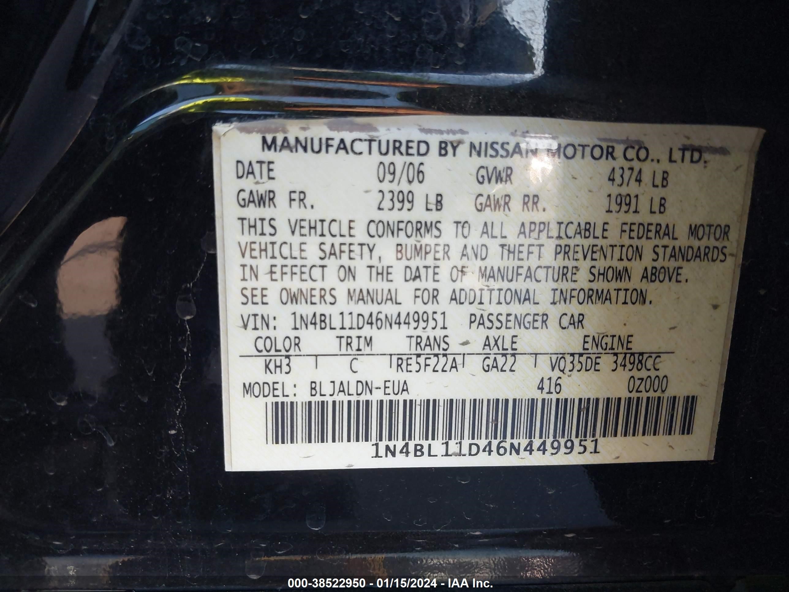 Photo 8 VIN: 1N4BL11D46N449951 - NISSAN ALTIMA 