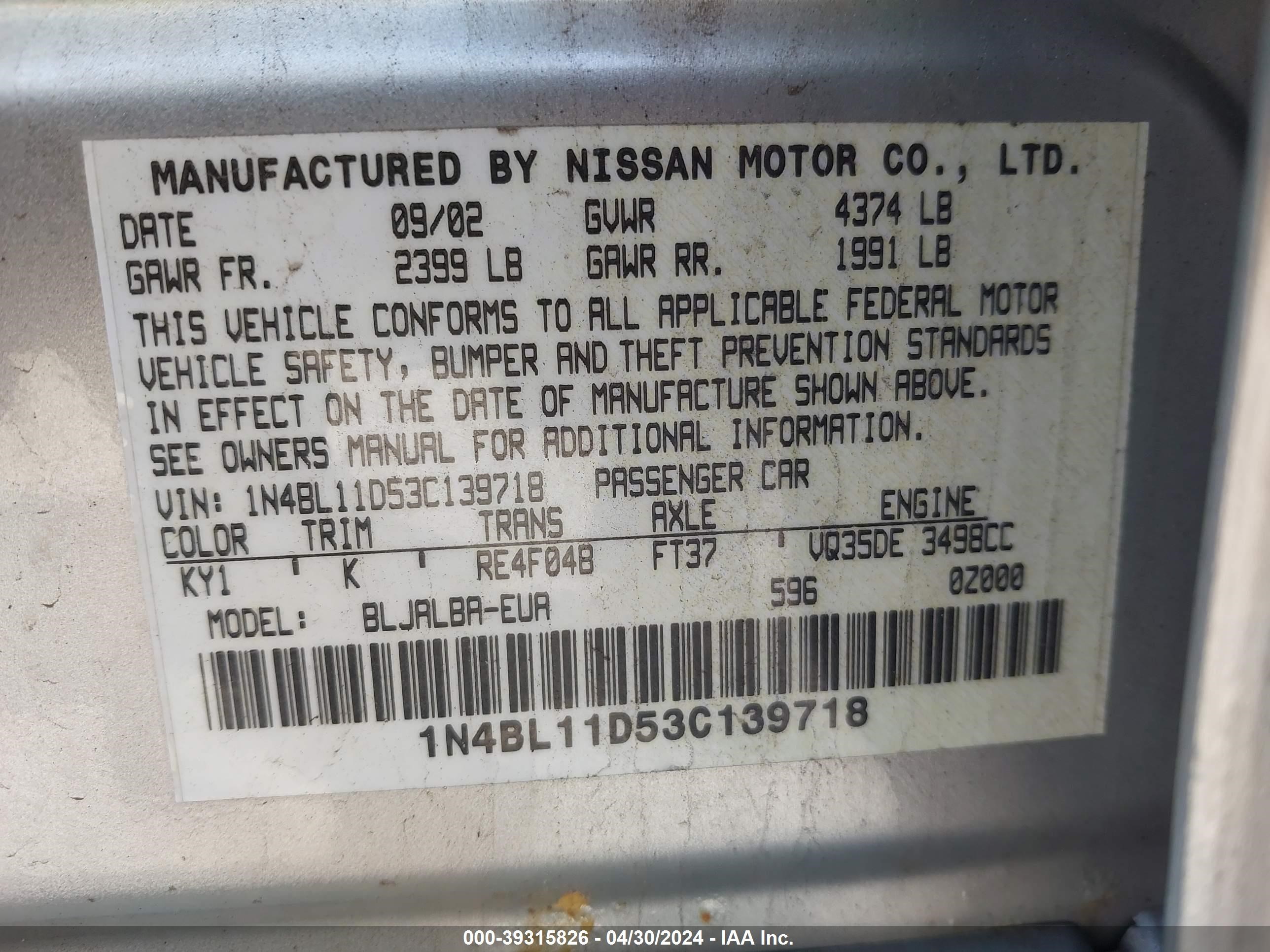 Photo 8 VIN: 1N4BL11D53C139718 - NISSAN ALTIMA 